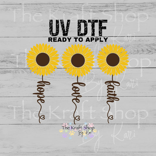 UV DTF Sticker print Faith Love or Hope Sunflower with words stem decal, tumbler decal, permanent sticker. #4585