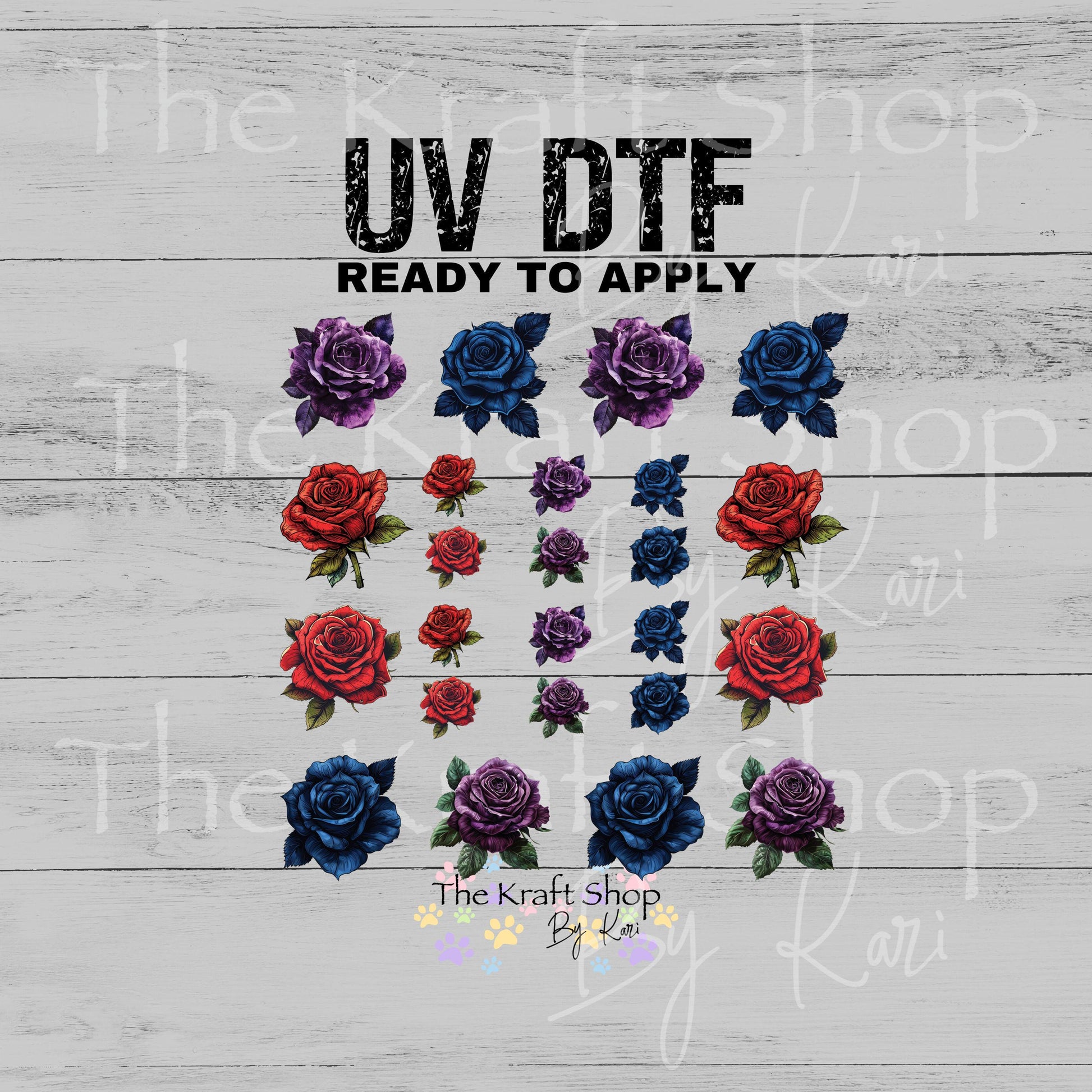 UV DTF Sticker print Roses Red Blue Purple Element sheet Mixed Media decal #10373