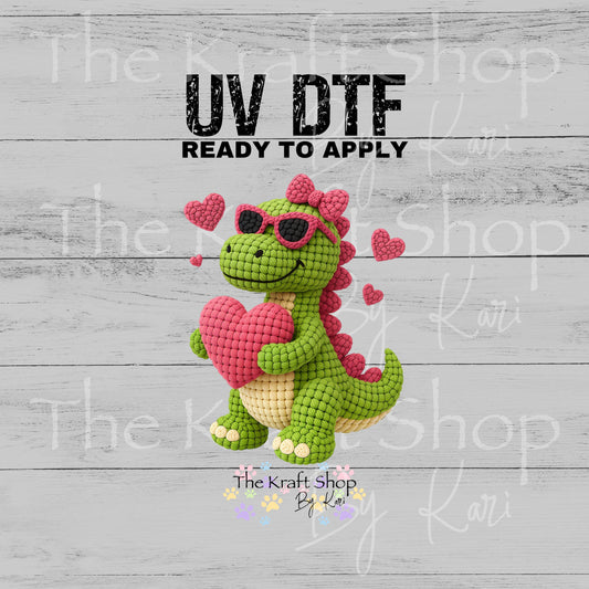 UV DTF Sticker print Yarn Valentines Dino crochet look Valentine's Day decal #7579
