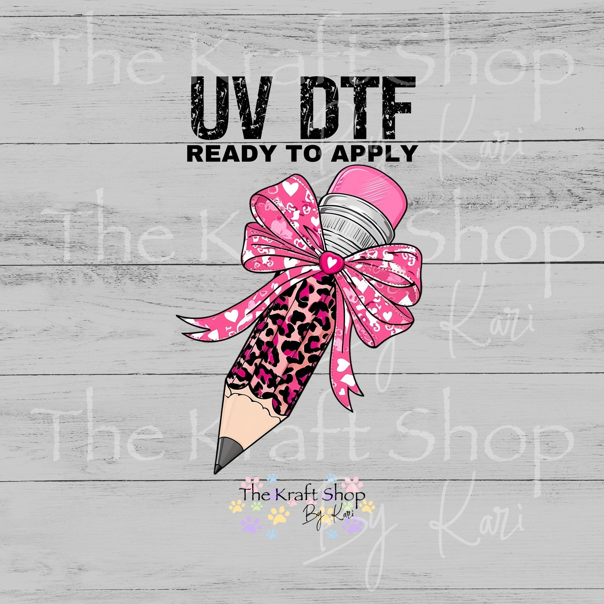 UV DTF Sticker print Leopard pink bow pencil teacher Valentine's Day decal #7596
