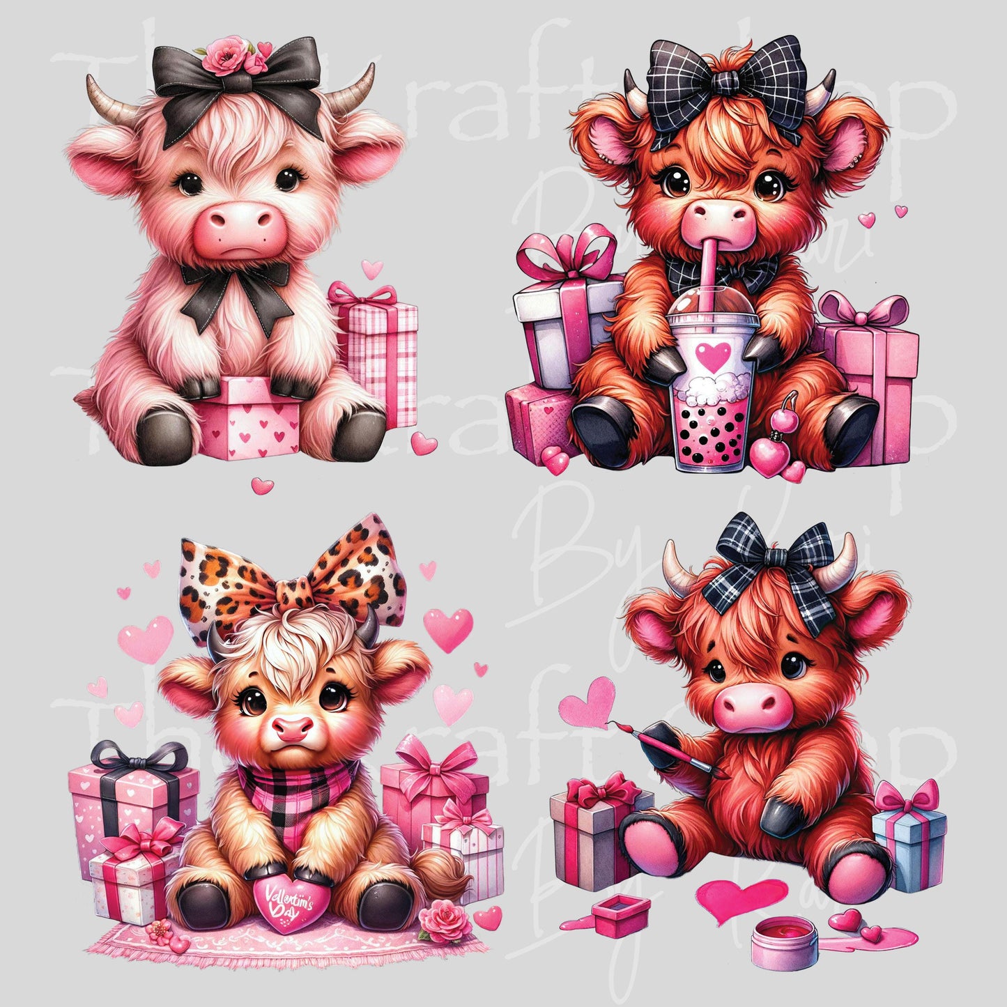UV DTF Sticker prints. Pink Valentines cows Valentine's Day decals 4 pk, permanent sticker.#7598