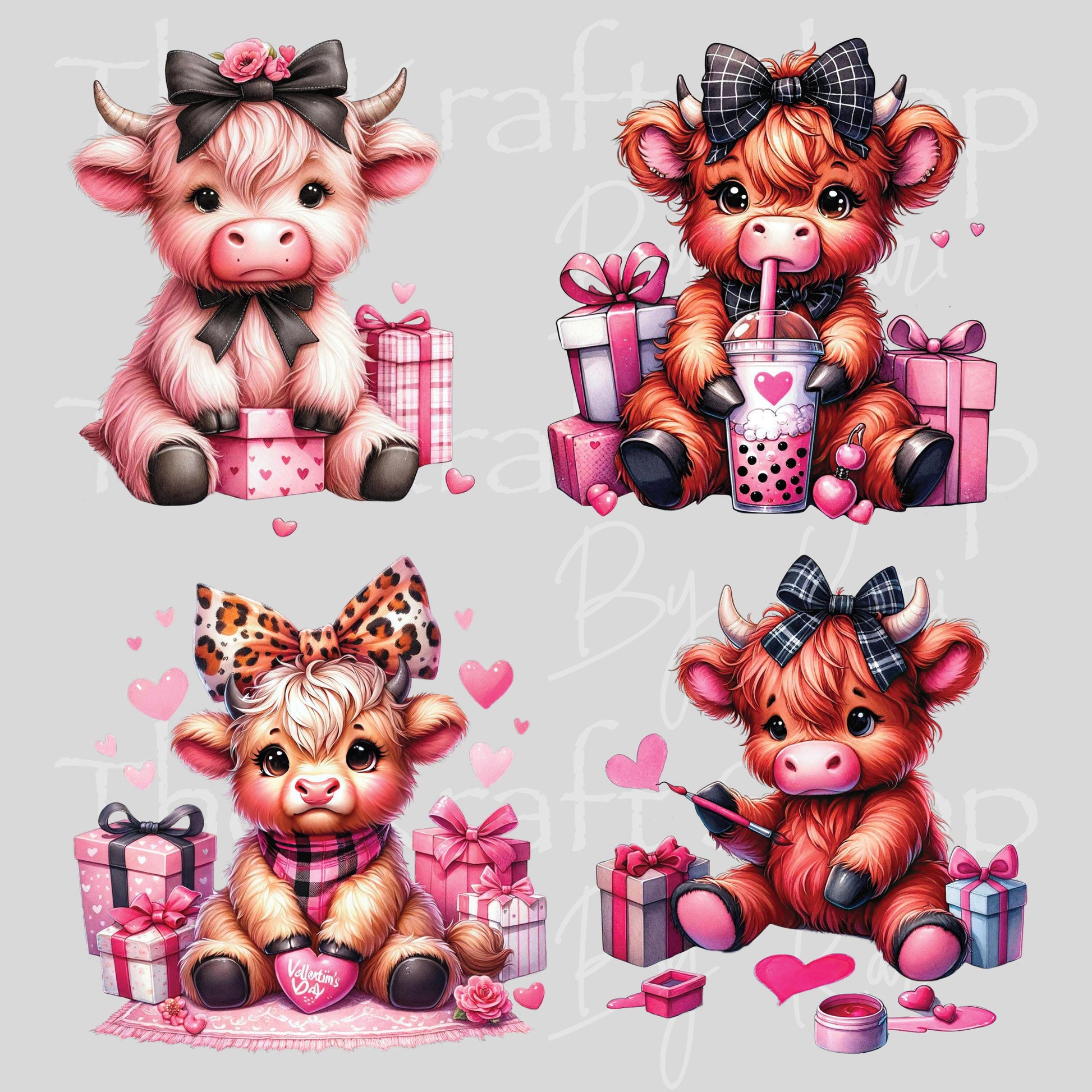 UV DTF Sticker prints. Pink Valentines cows Valentine's Day decals 4 pk, permanent sticker.#7598