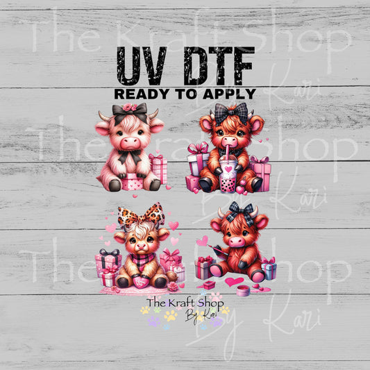 UV DTF Sticker prints. Pink Valentines cows Valentine's Day decals 4 pk, permanent sticker.#7598
