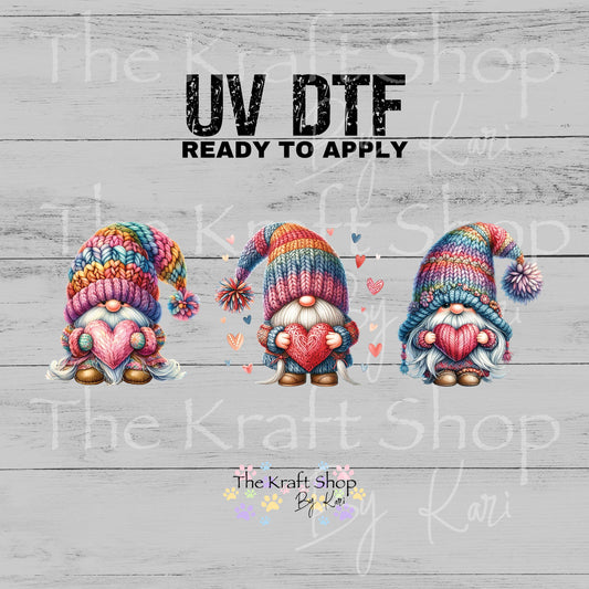 UV DTF Sticker prints. Pastel knit hat Valentines Gnomes decals 3 pk, permanent sticker.#7602