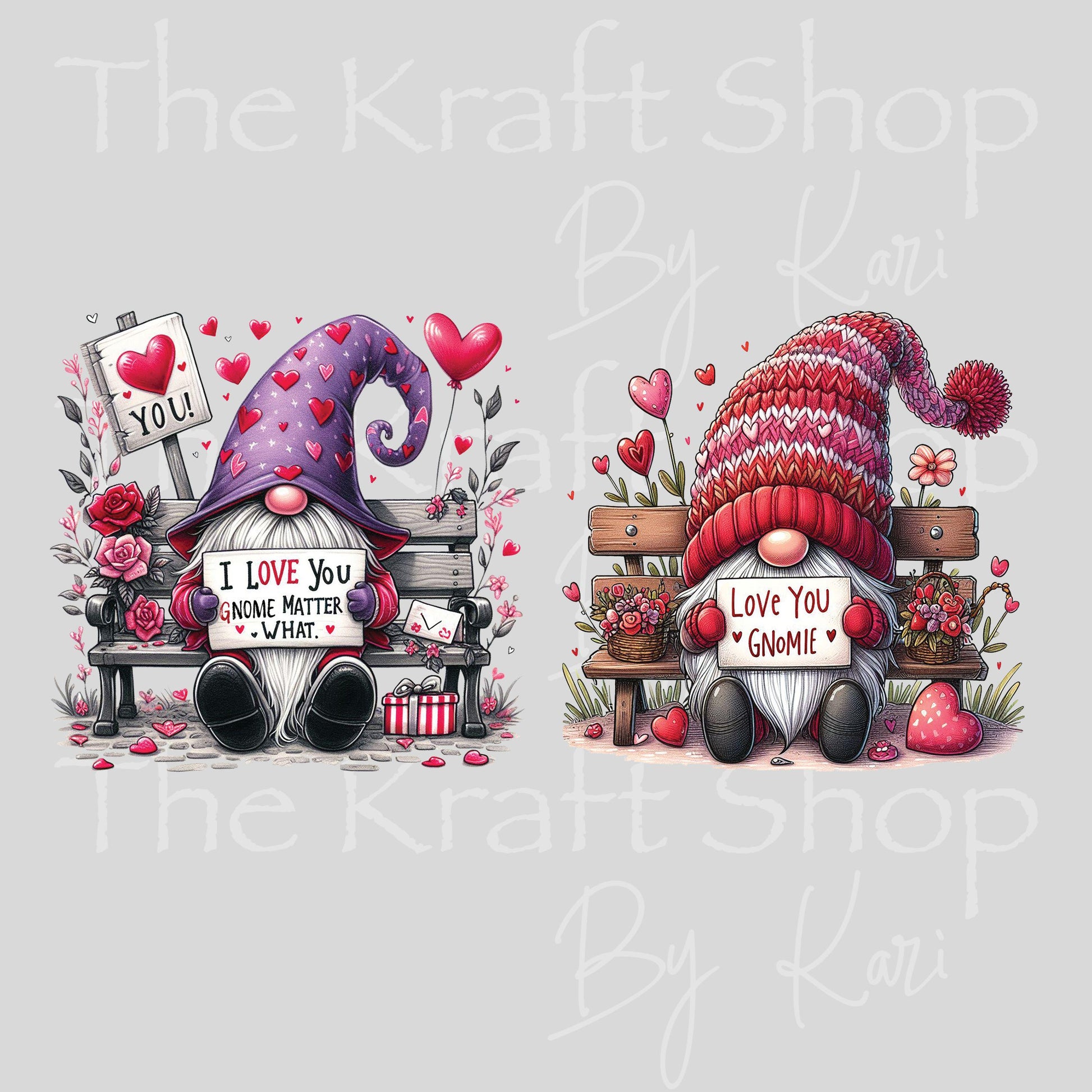 UV DTF Sticker print Park Bench Valentines Gnomes Valentine's Day 2 pk decals, tumbler decal, permanent sticker. #7603