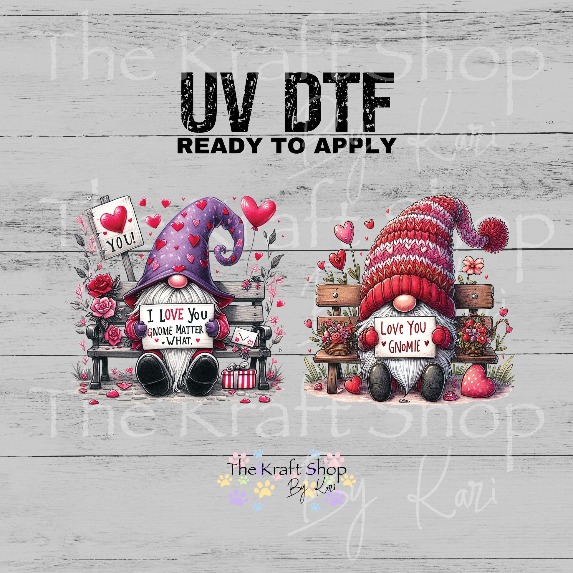 UV DTF Sticker print Park Bench Valentines Gnomes Valentine's Day 2 pk decals, tumbler decal, permanent sticker. #7603