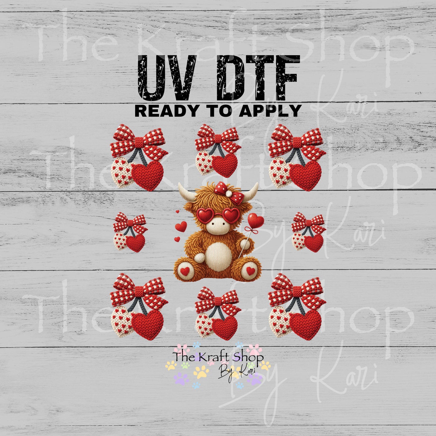 UV DTF Sticker print Yarn highland cow Valentine's Day mixed media Element sheet 8x8 decal #7610
