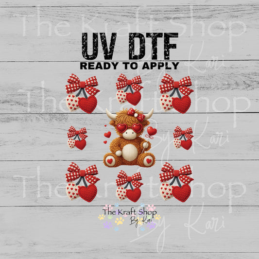 UV DTF Sticker print Yarn highland cow Valentine's Day mixed media Element sheet 8x8 decal #7610