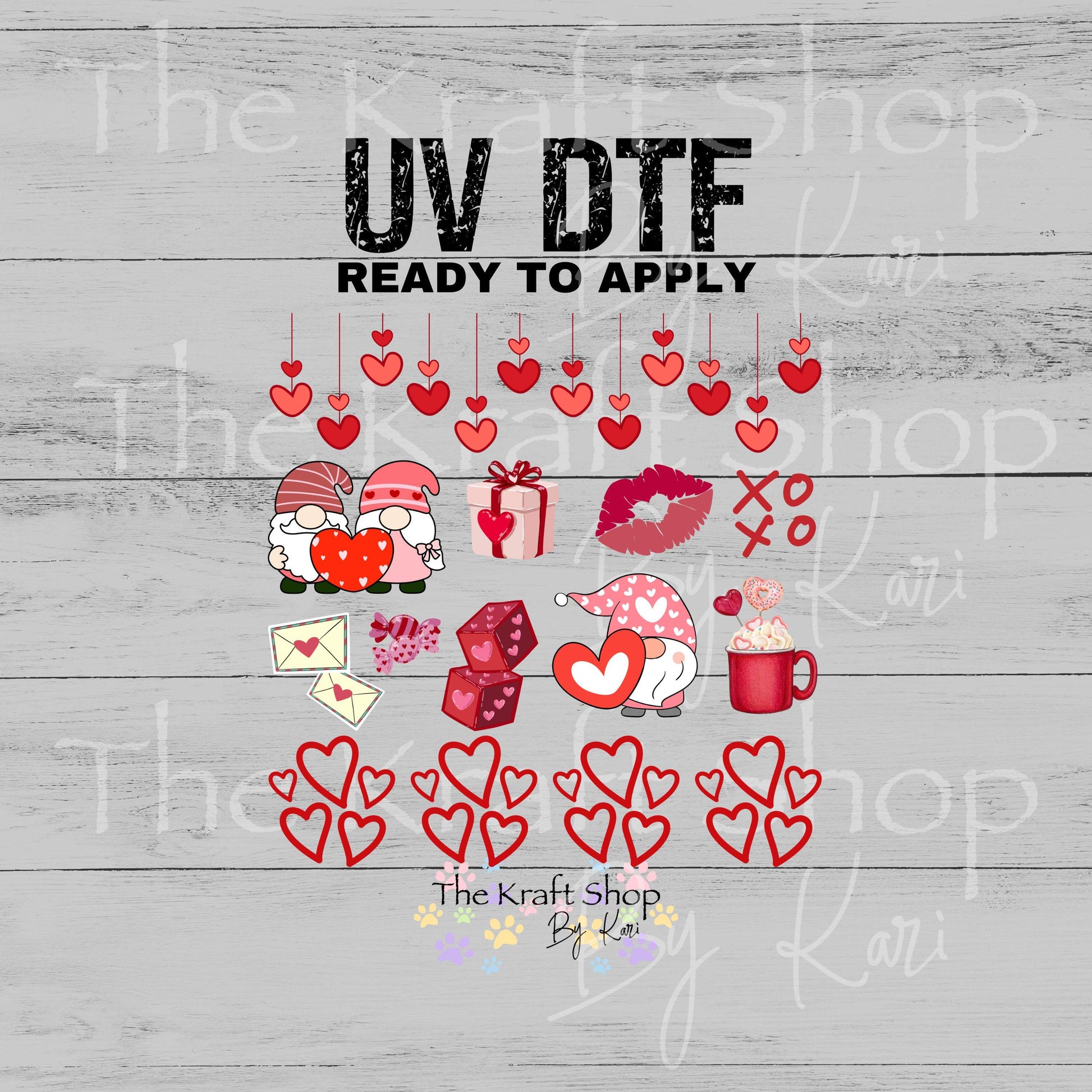UV DTF Sticker print Valentine gnome Valentine's Day mixed media bundle of decals Element sheet 10x10 decal #7611