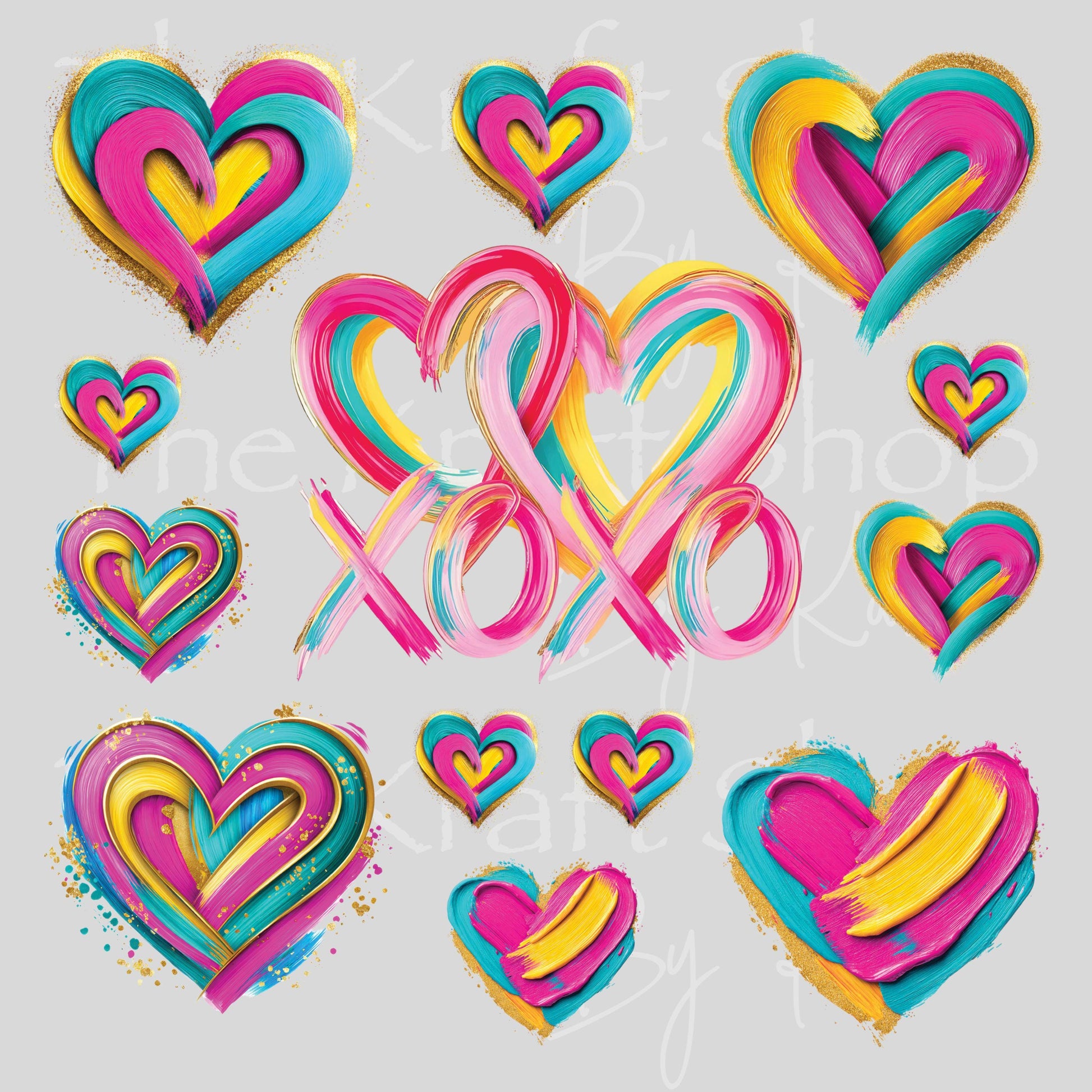 UV DTF Sticker print Colorful OXOX and hearts Valentine's Day mixed media Element sheet 8x8 decal #7614