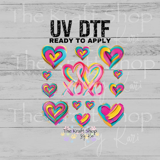 UV DTF Sticker print Colorful OXOX and hearts Valentine's Day mixed media Element sheet 8x8 decal #7614