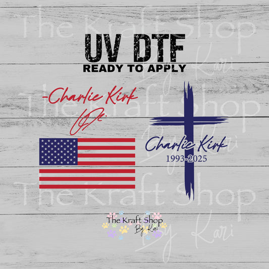 UV DTF Sticker print Charlie Kirk Bundle of 3pk Patriotic flag and cross decals, tumbler decal, permanent sticker.#2037