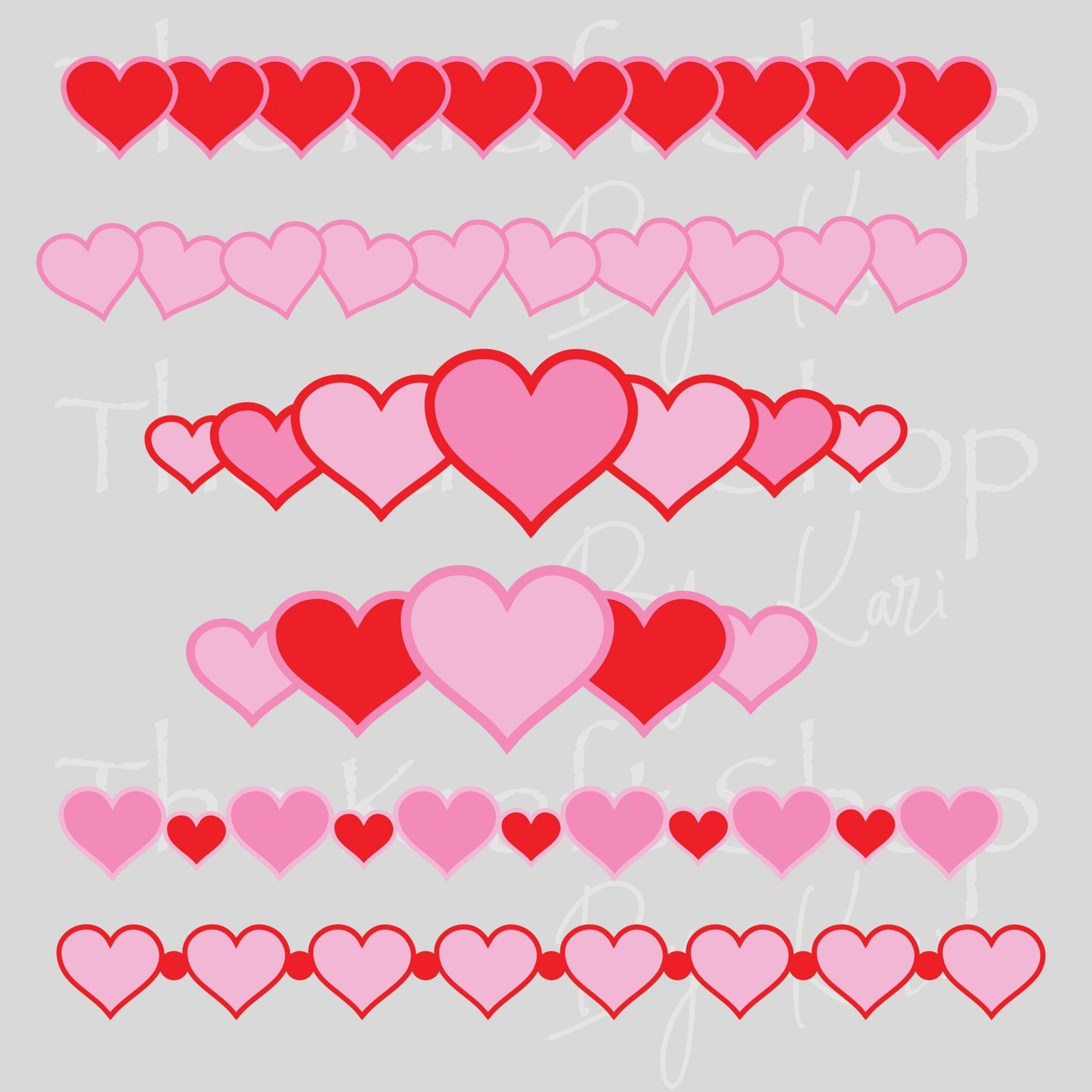 UV DTF Sticker print Filled hearts borders pink red mixed media bundle of Valentine's Day decals Element sheet 10 or 8 inches wide #7636