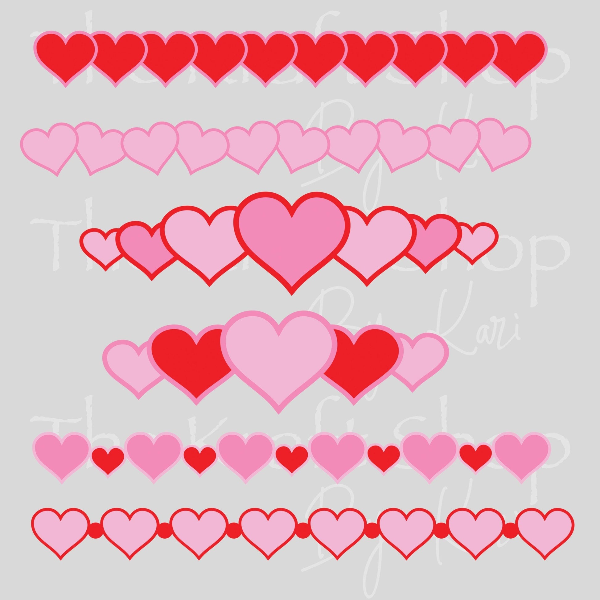 UV DTF Sticker print Filled hearts borders pink red mixed media bundle of Valentine's Day decals Element sheet 10 or 8 inches wide #7636