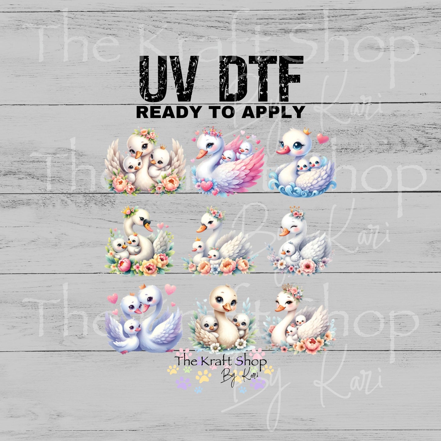 UV DTF Sticker print Swans Mother and babies mixed media Element sheet 8x8 decal #10383