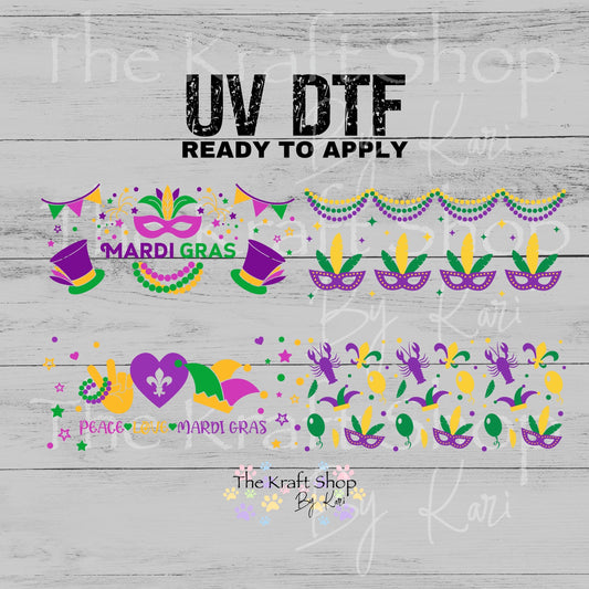 UV DTF Sticker print. Mardi Gras Glass Can wrap decal, glass can tumbler decal. UV wrap for glass can tumbler. #7638