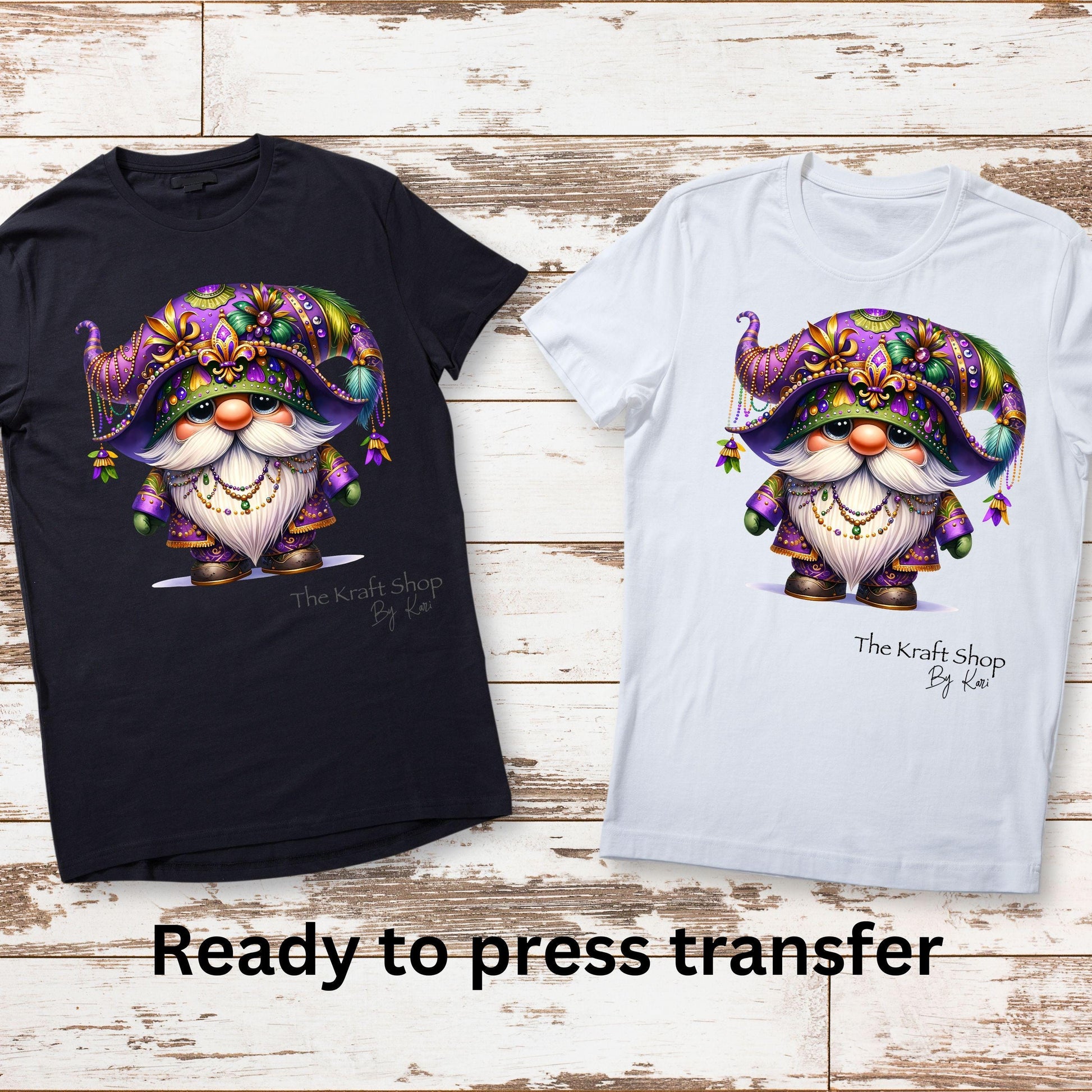 DTF ready to press transfer. Mardi Gras Gnome with beads shirt transfer image . Direct to film heat press transfer #11598
