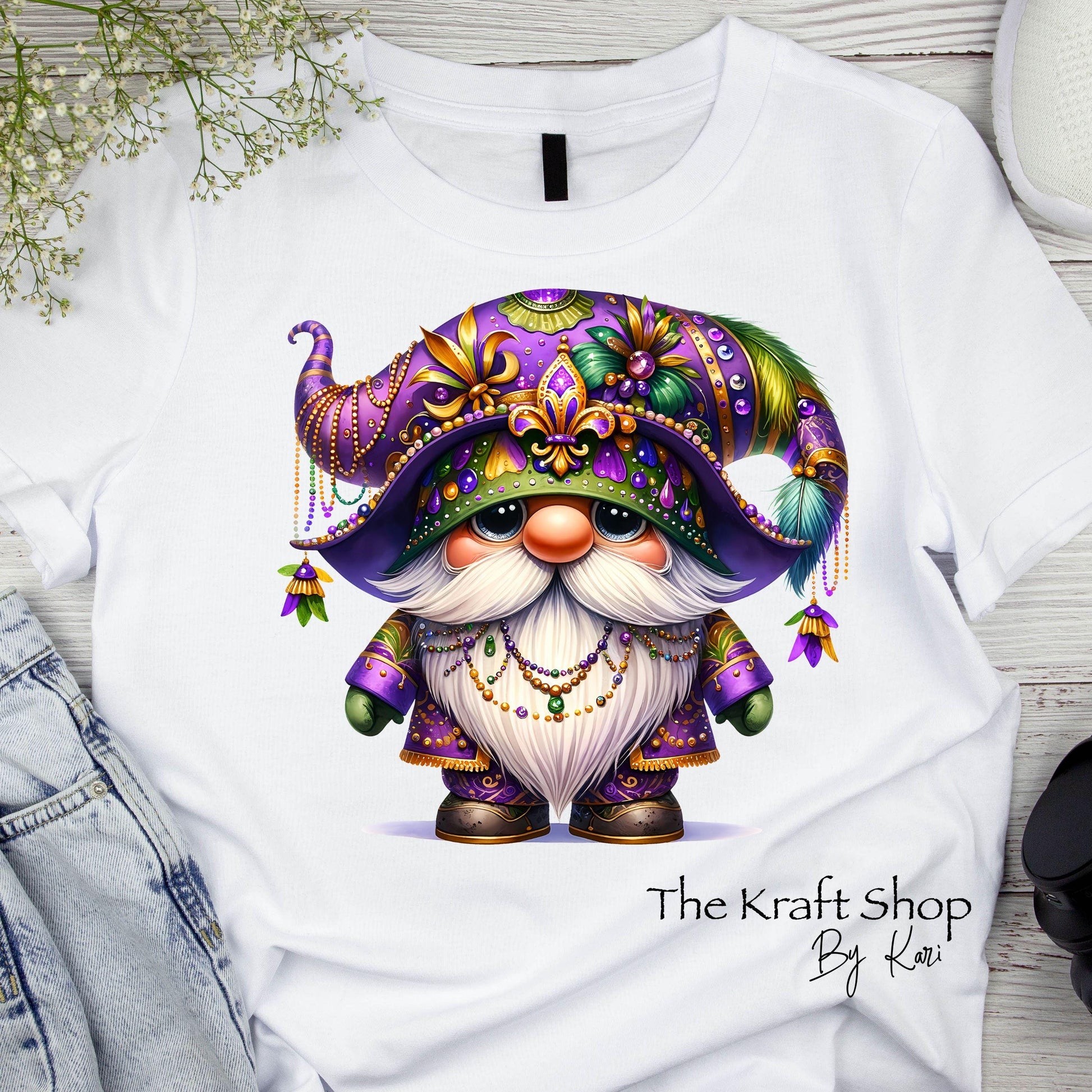 DTF ready to press transfer. Mardi Gras Gnome with beads shirt transfer image . Direct to film heat press transfer #11598