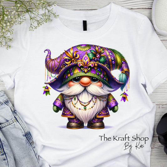 DTF ready to press transfer. Mardi Gras Gnome with beads shirt transfer image . Direct to film heat press transfer #11598