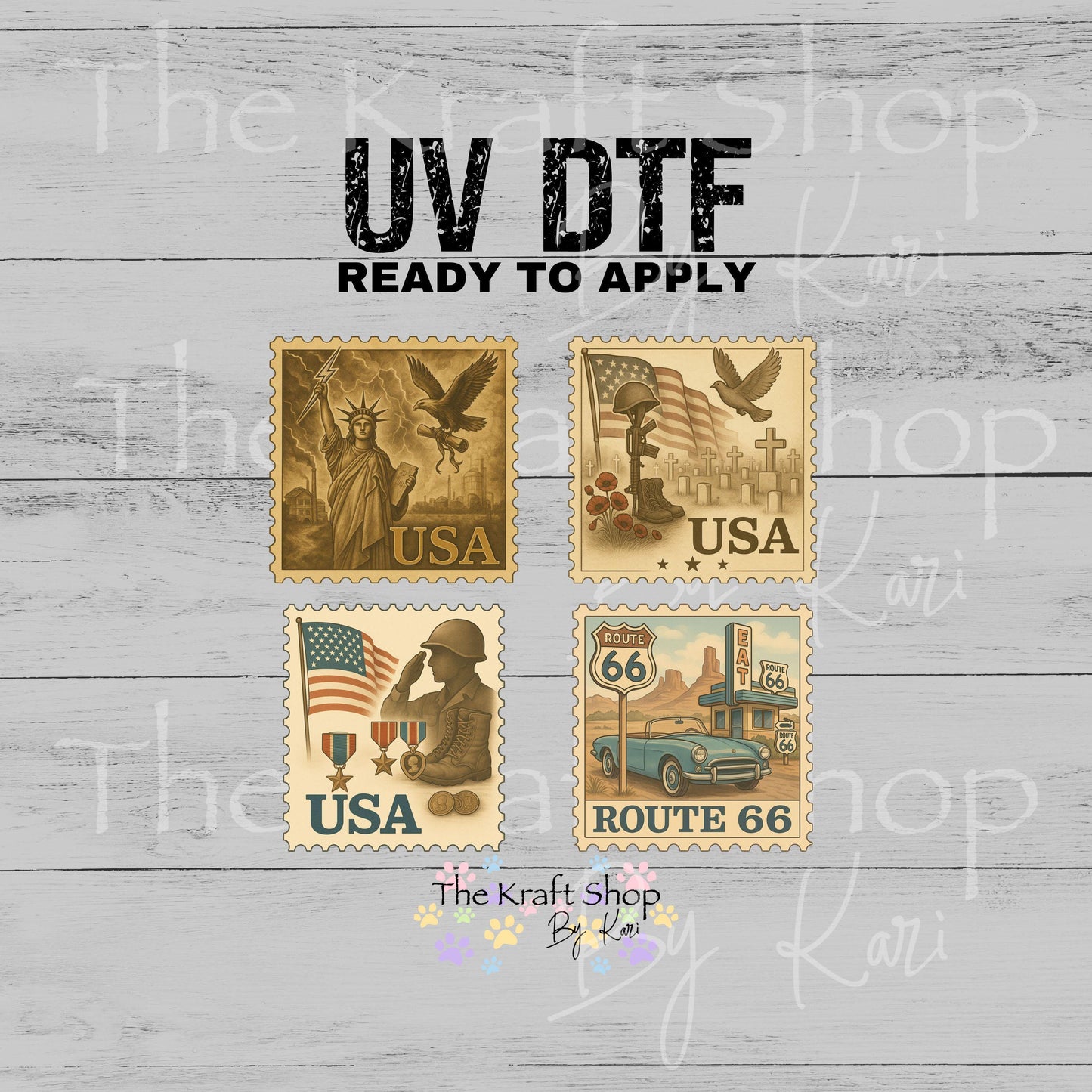 UV DTF Sticker print USA stamps vintage Route 66 mixed media Element sheet 4pk decal #4587