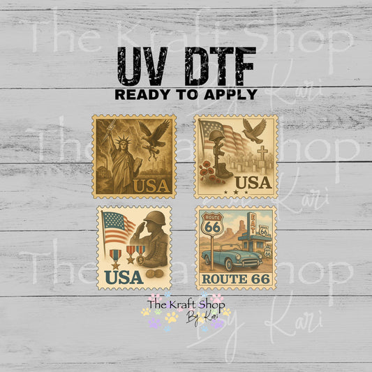 UV DTF Sticker print USA stamps vintage Route 66 mixed media Element sheet 4pk decal #4587
