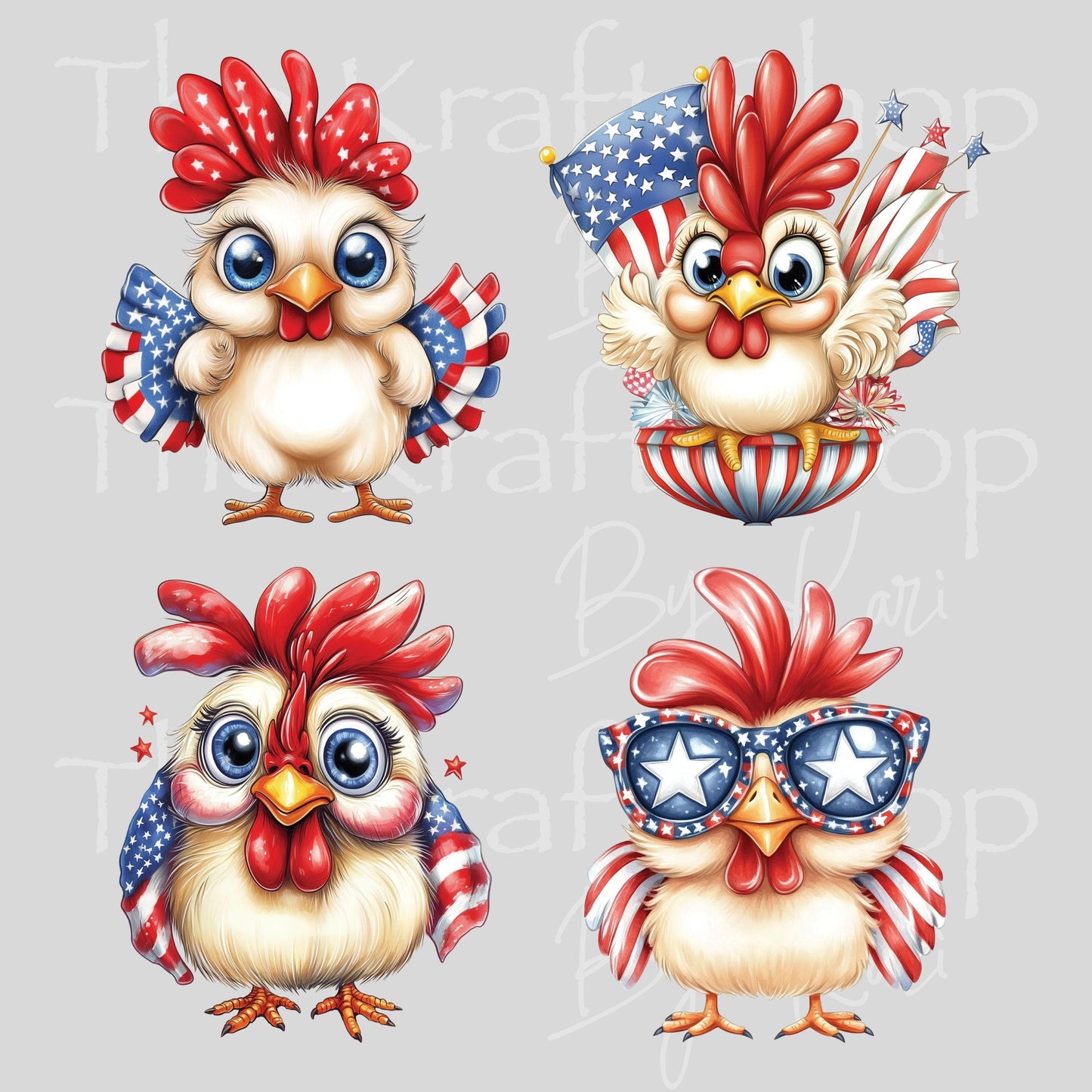 UV DTF Sticker prints. Patriotic Chickens 4th of July decals 4pk, permanent sticker.#7641