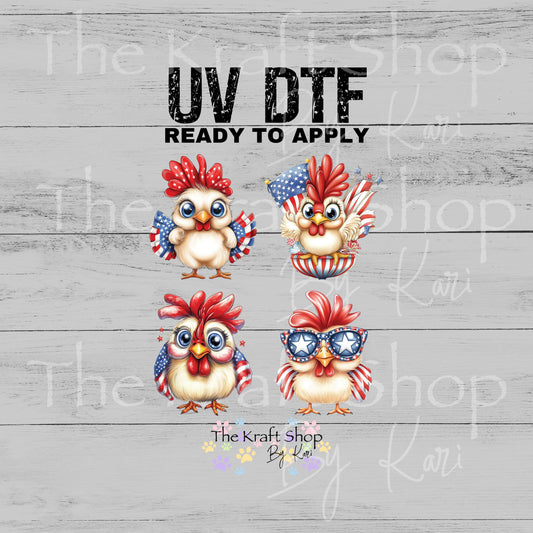 UV DTF Sticker prints. Patriotic Chickens 4th of July decals 4pk, permanent sticker.#7641