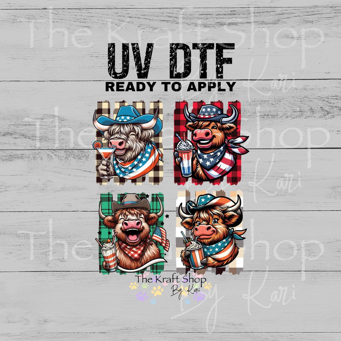 UV DTF Sticker prints. Patriotic Cow Brush Stroke bandana cowboy hat 4th of July decals 4pk, permanent sticker.#7642