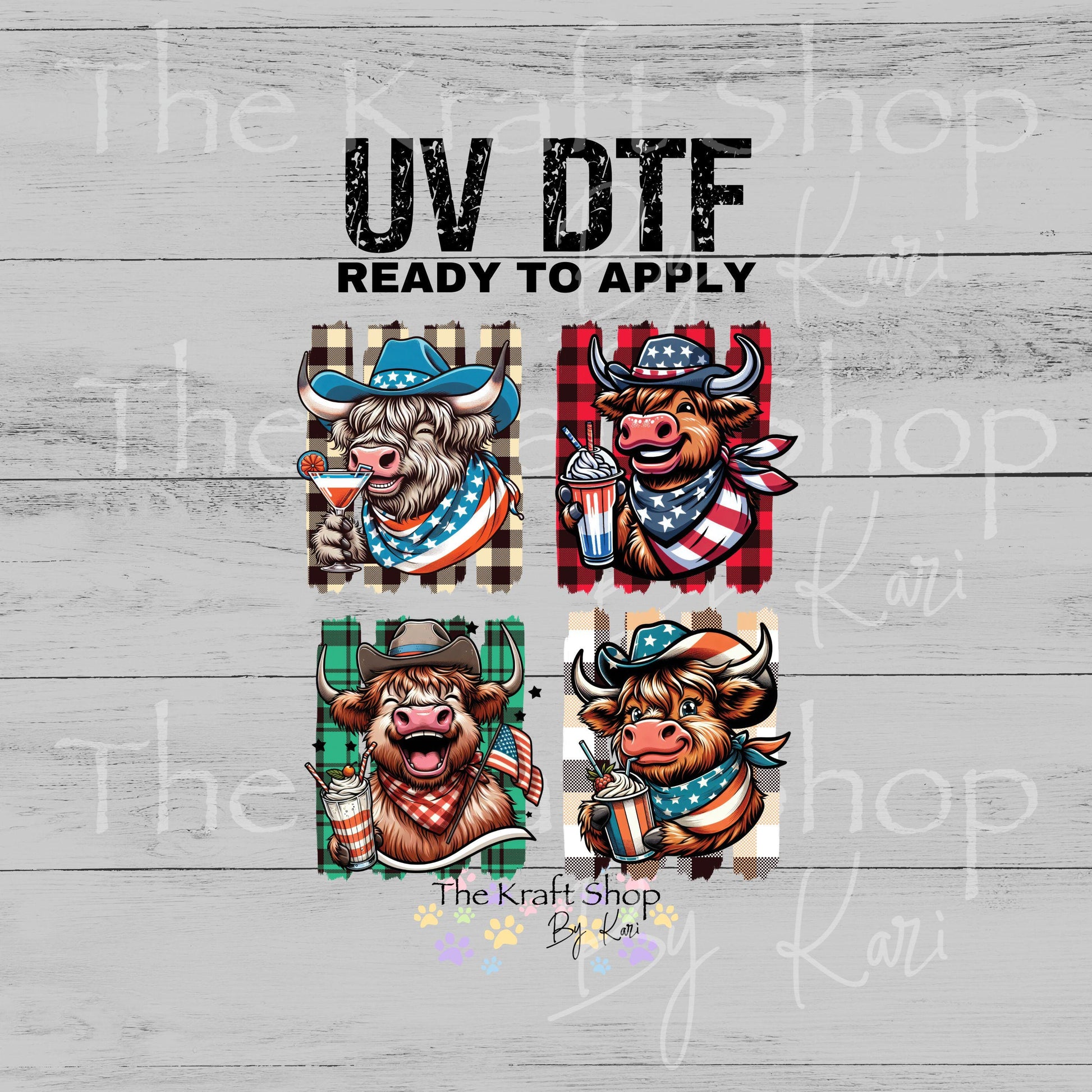 UV DTF Sticker prints. Patriotic Cow Brush Stroke bandana cowboy hat 4th of July decals 4pk, permanent sticker.#7642