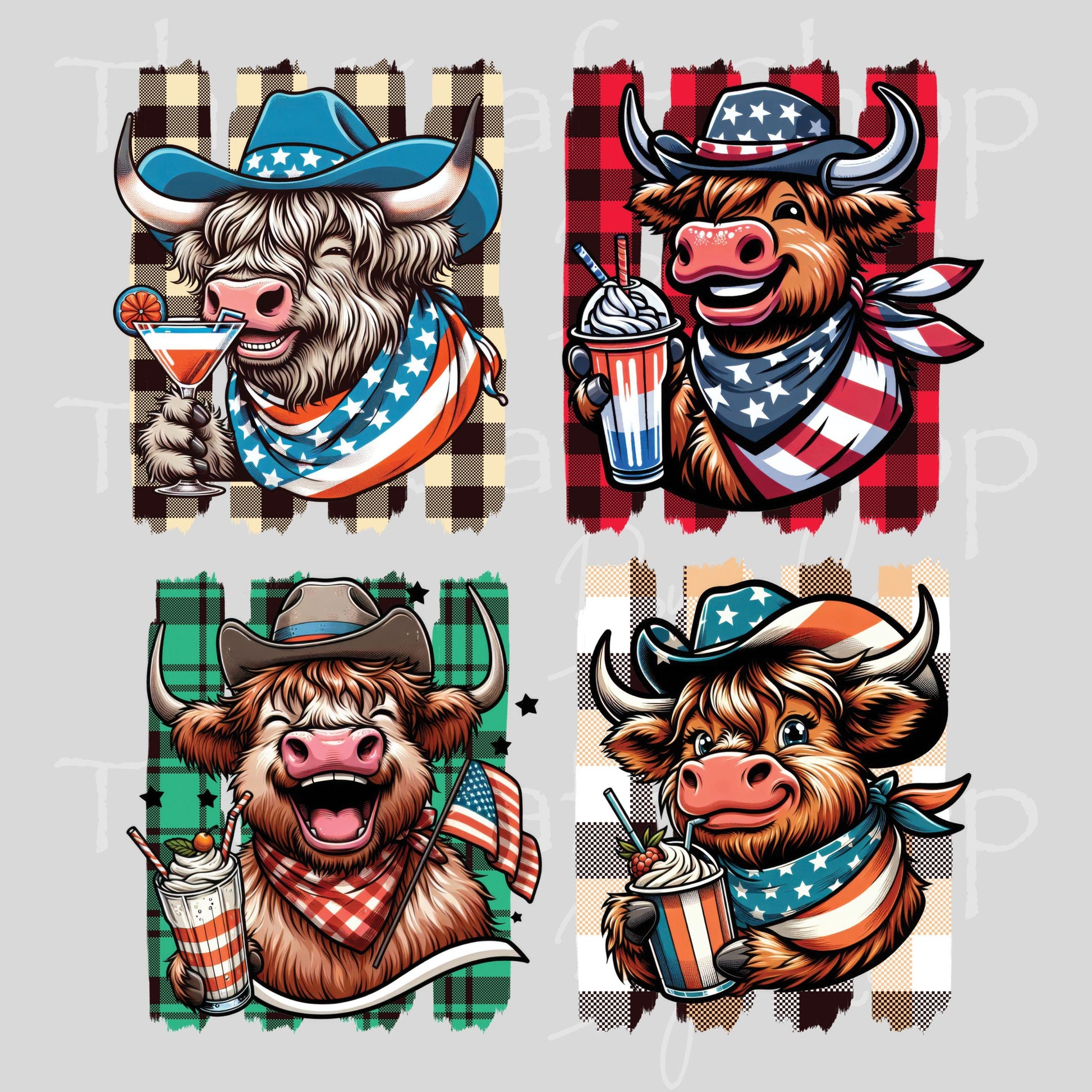 UV DTF Sticker prints. Patriotic Cow Brush Stroke bandana cowboy hat 4th of July decals 4pk, permanent sticker.#7642
