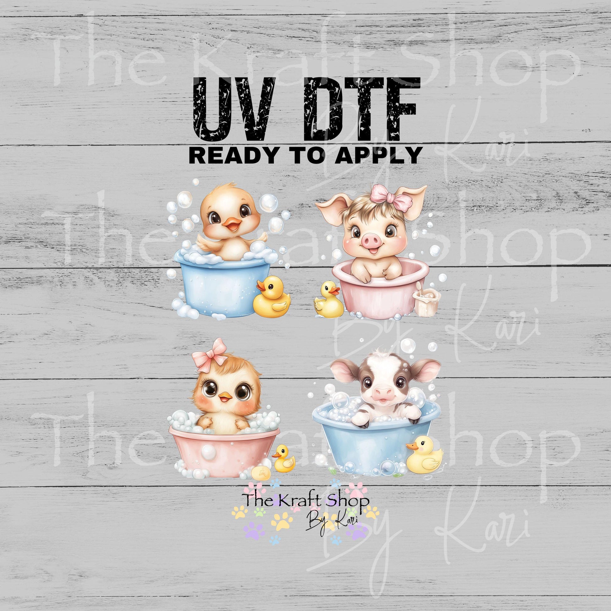 UV DTF Sticker prints. Cute animals baby bath in tub rubber ducks bubbles decals 4pk, permanent sticker.#1084