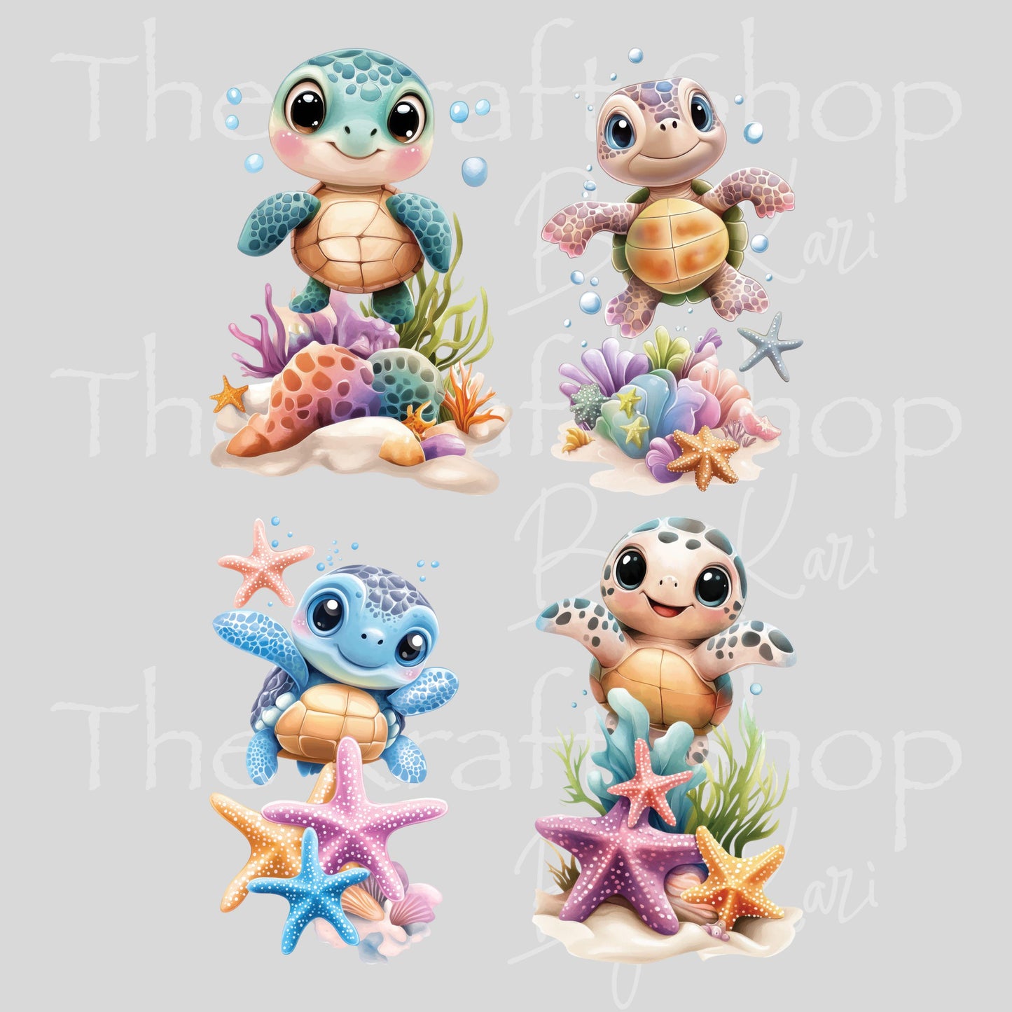 UV DTF Sticker prints. Cute baby turtles with sea shells, coral and sand decals 4pk, permanent sticker.#1085