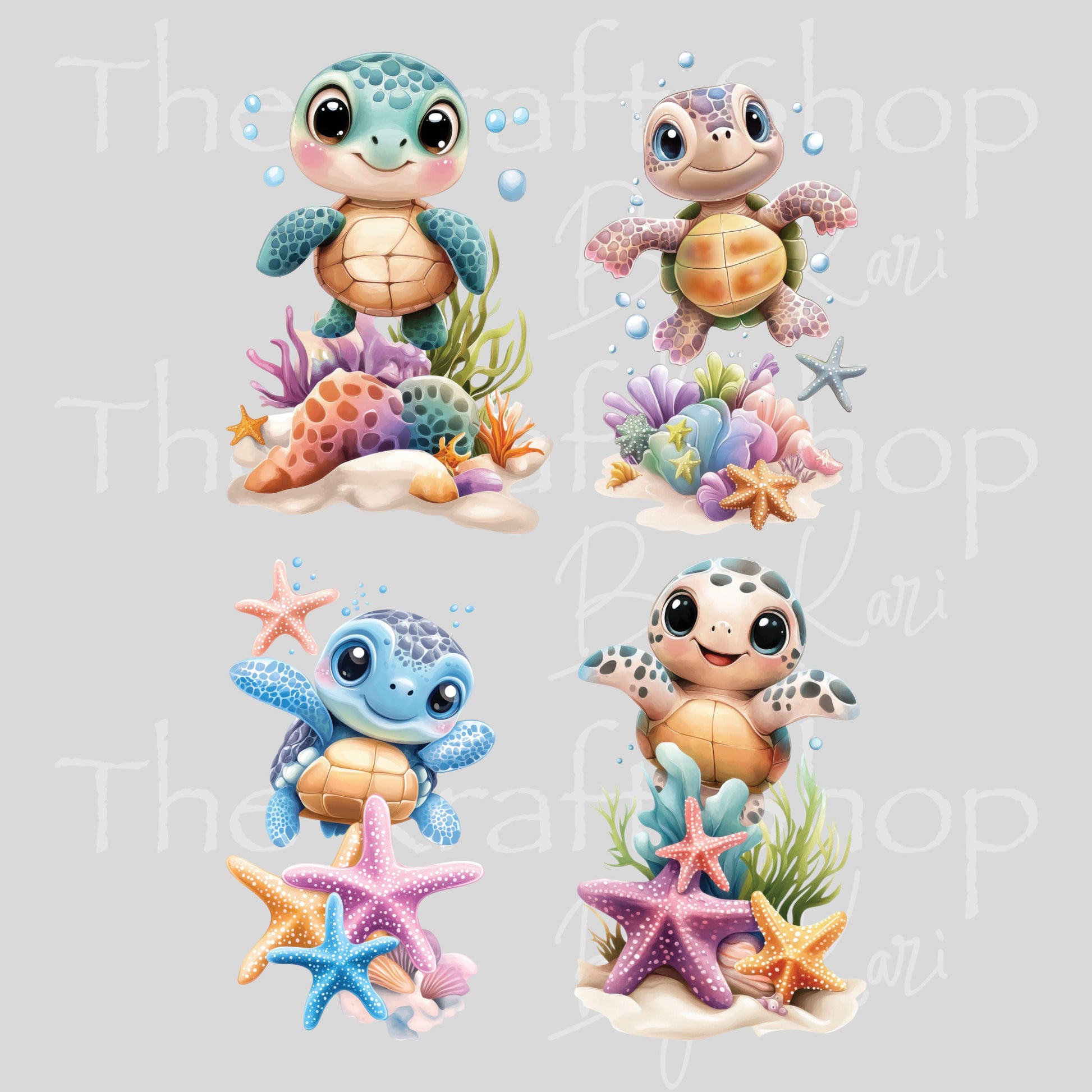 UV DTF Sticker prints. Cute baby turtles with sea shells, coral and sand decals 4pk, permanent sticker.#1085