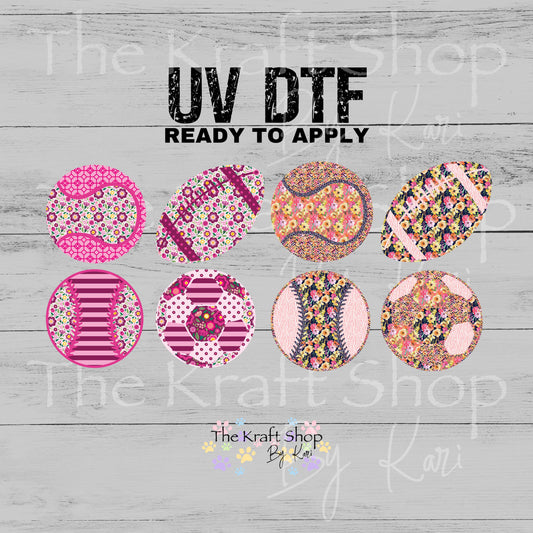 UV DTF Sticker prints. Patchwork Sports Ball Bundle in pink or peach tones decals 4pk, permanent sticker.#7643