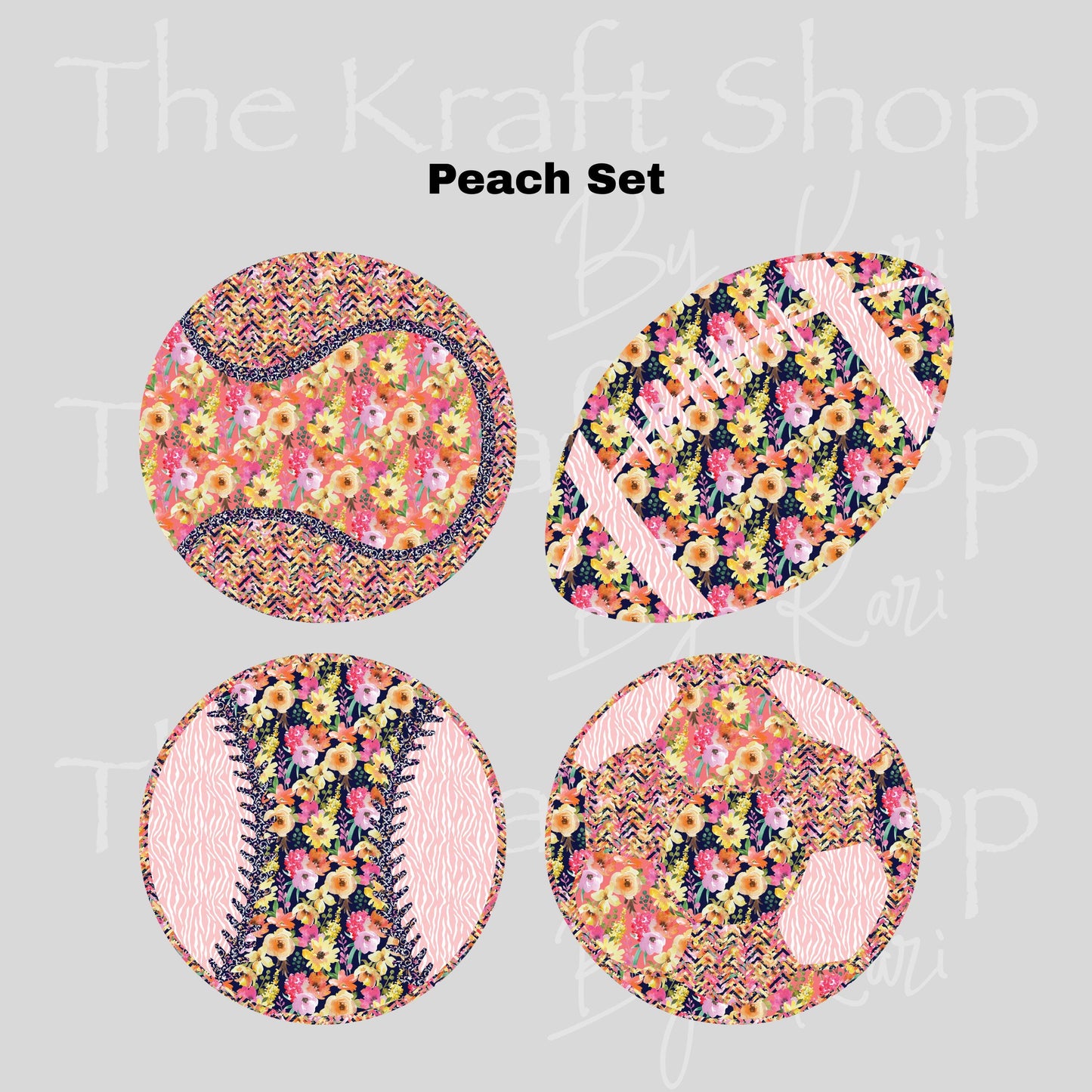 UV DTF Sticker prints. Patchwork Sports Ball Bundle in pink or peach tones decals 4pk, permanent sticker.#7643