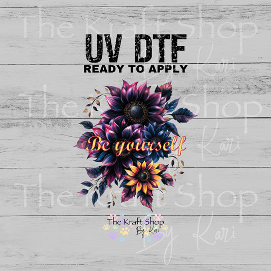 UV DTF Sticker print. Be Yourself black purple sunflower decal, tumbler decal, permanent sticker. #4589