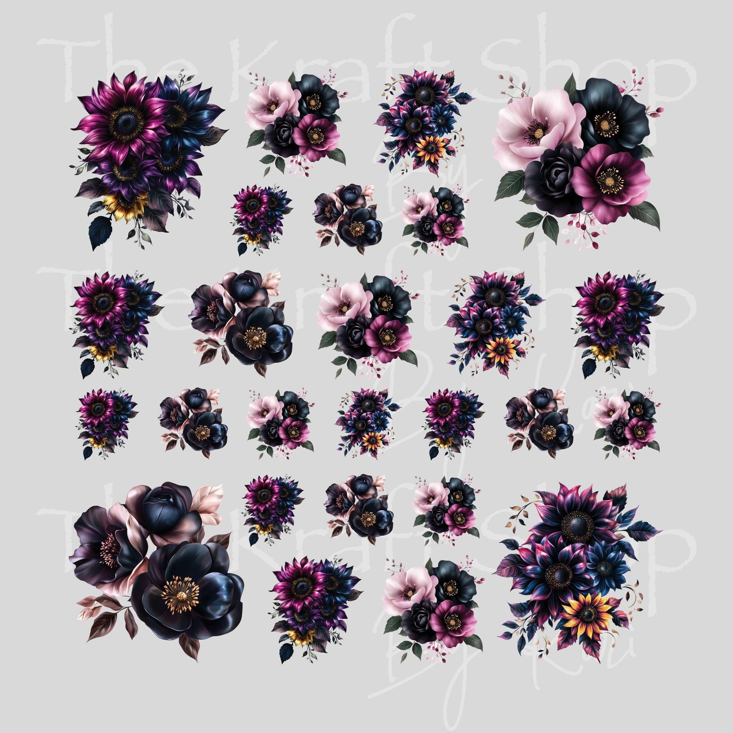 UV DTF Sticker print Black Gold Pink Purple Flowers mixed media Element sheet 8x8 decal #10388