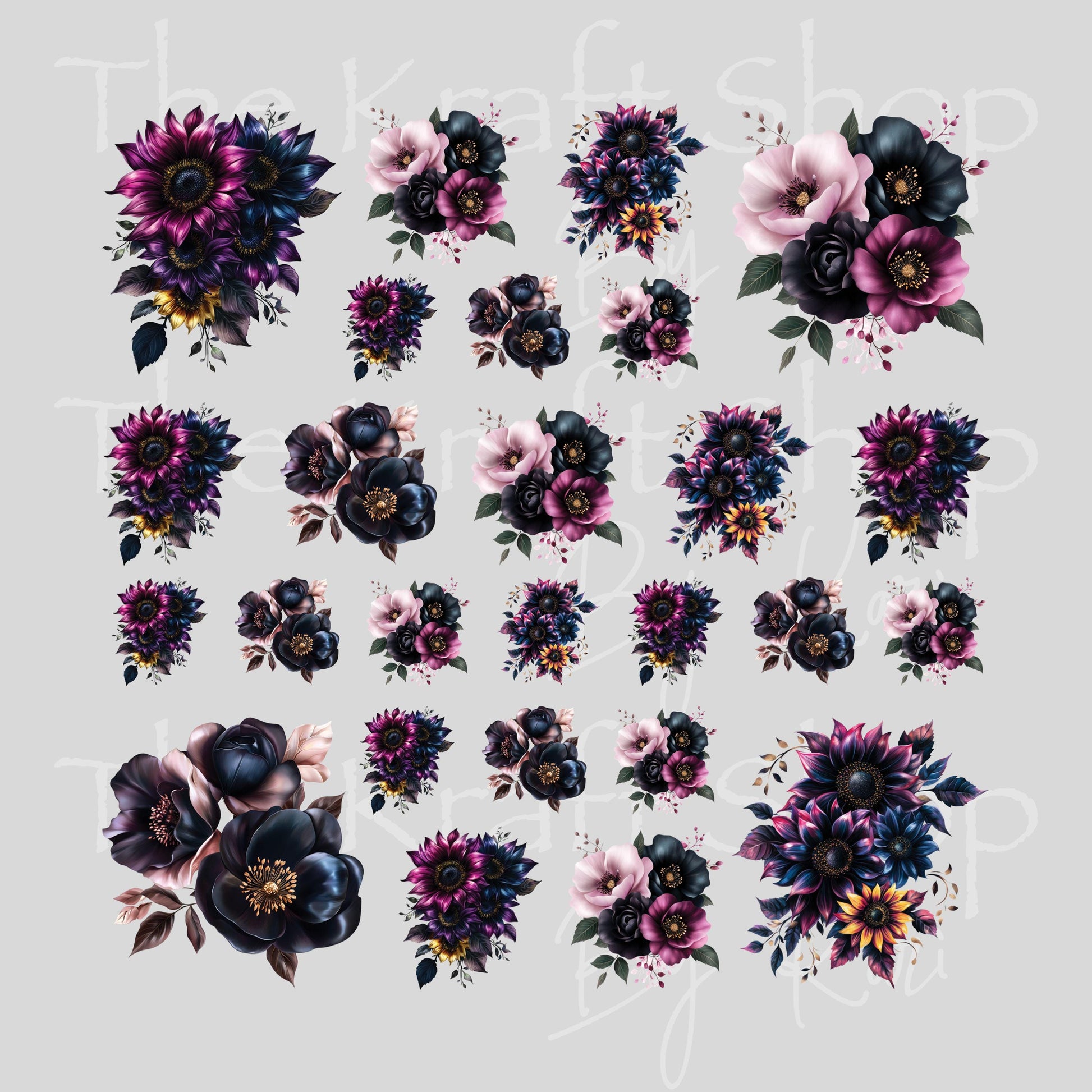 UV DTF Sticker print Black Gold Pink Purple Flowers mixed media Element sheet 8x8 decal #10388