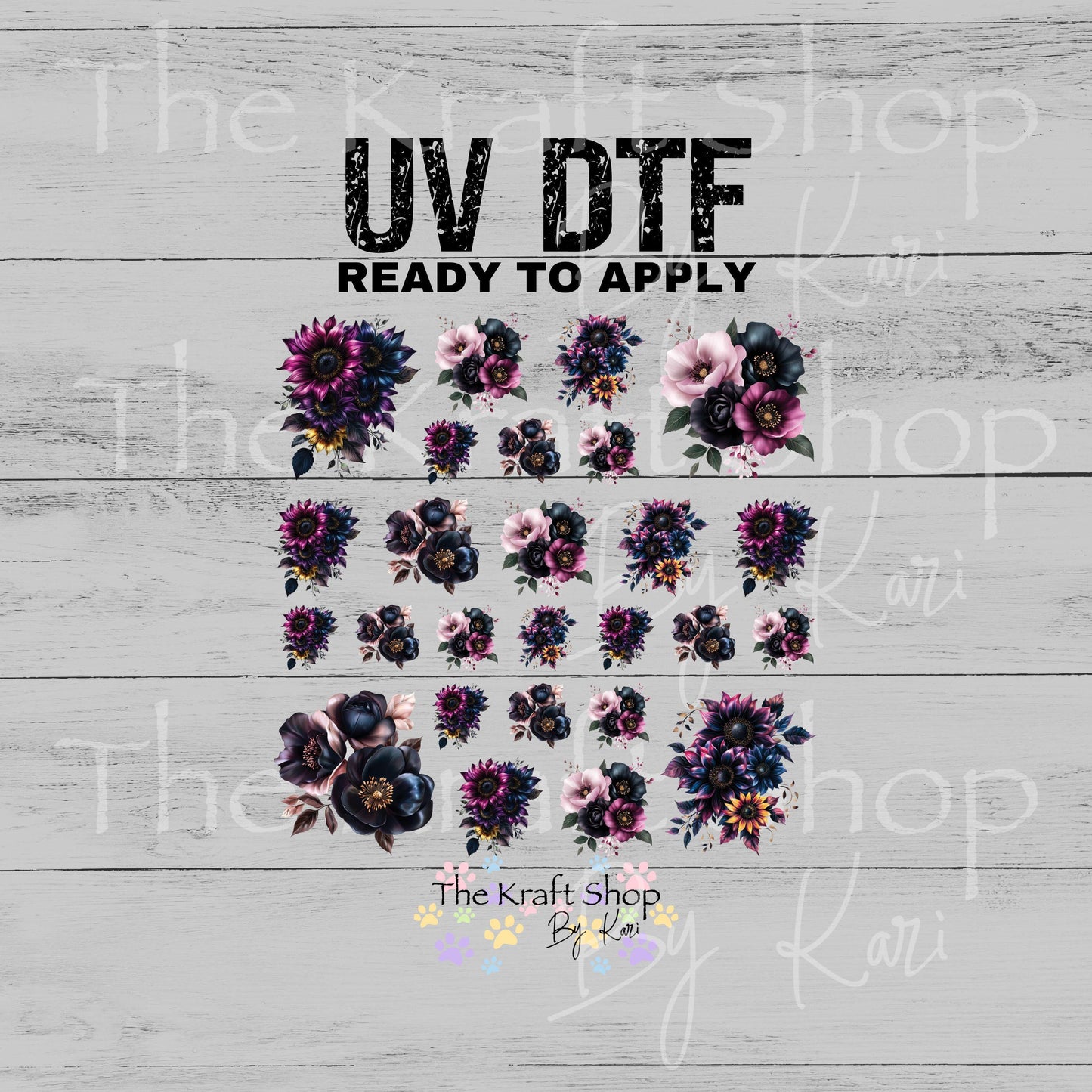 UV DTF Sticker print Black Gold Pink Purple Flowers mixed media Element sheet 8x8 decal #10388
