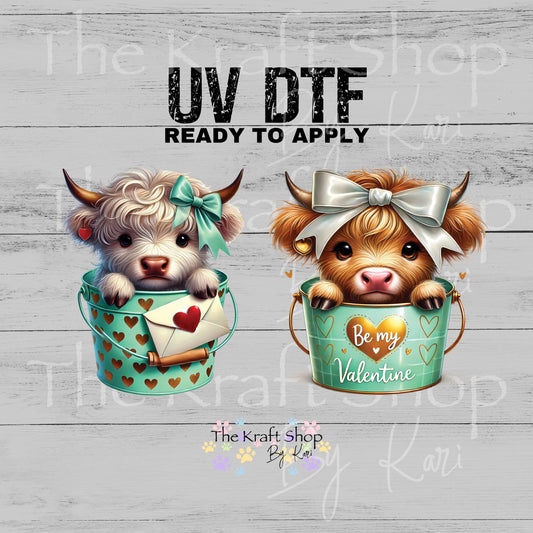 UV DTF Sticker print Teal Valentines Day Cows in a Bucket 2pk decals, tumbler decal, permanent sticker.#7645