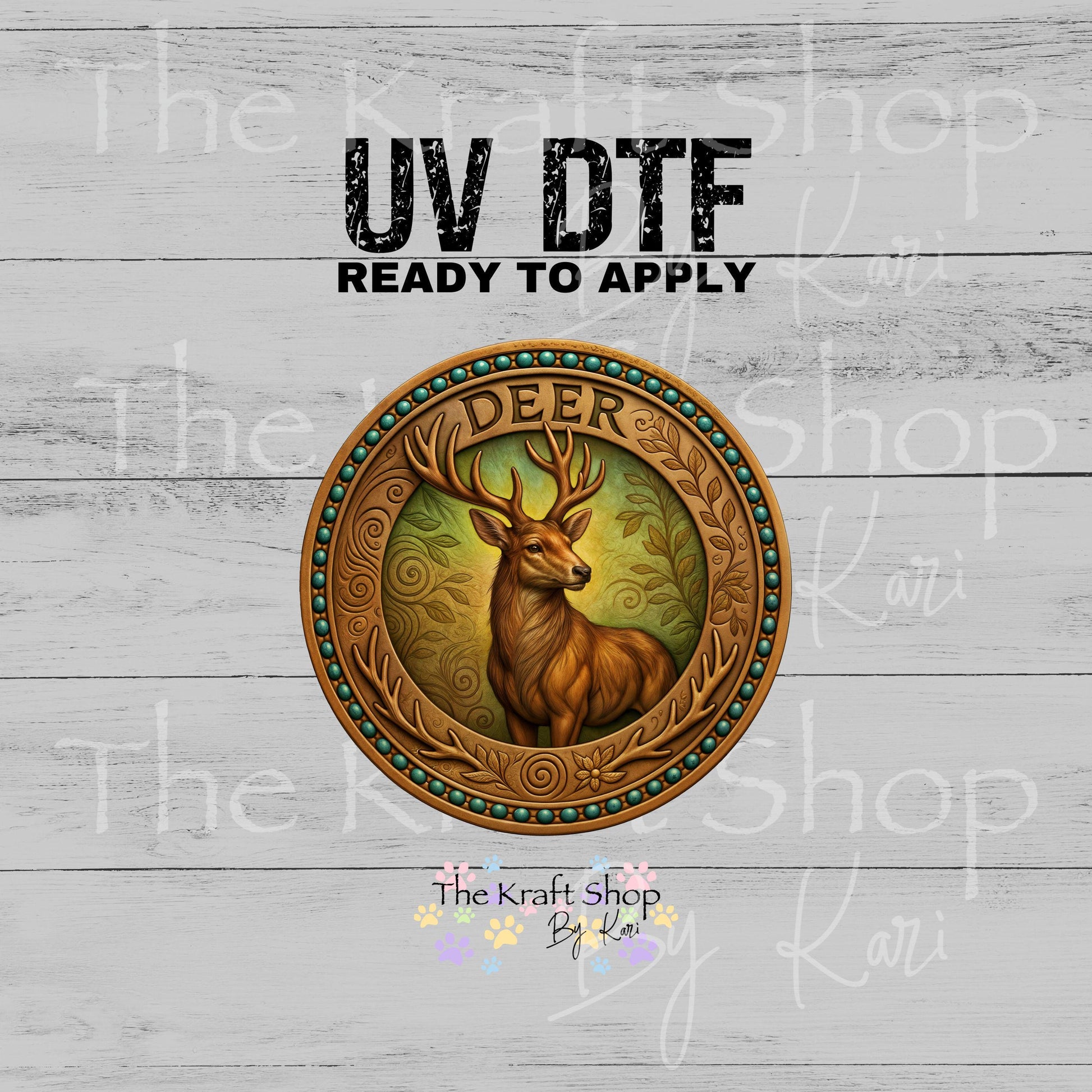 UV DTF Sticker print Gold deer plaque circle decal, tumbler decal, permanent sticker. #1088