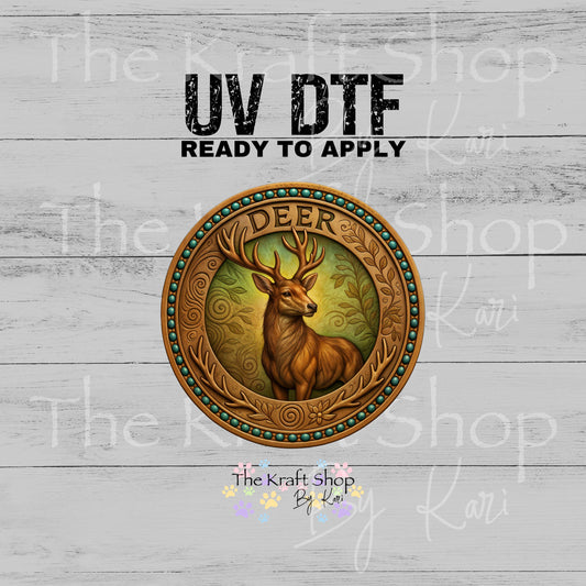 UV DTF Sticker print Gold deer plaque circle decal, tumbler decal, permanent sticker. #1088