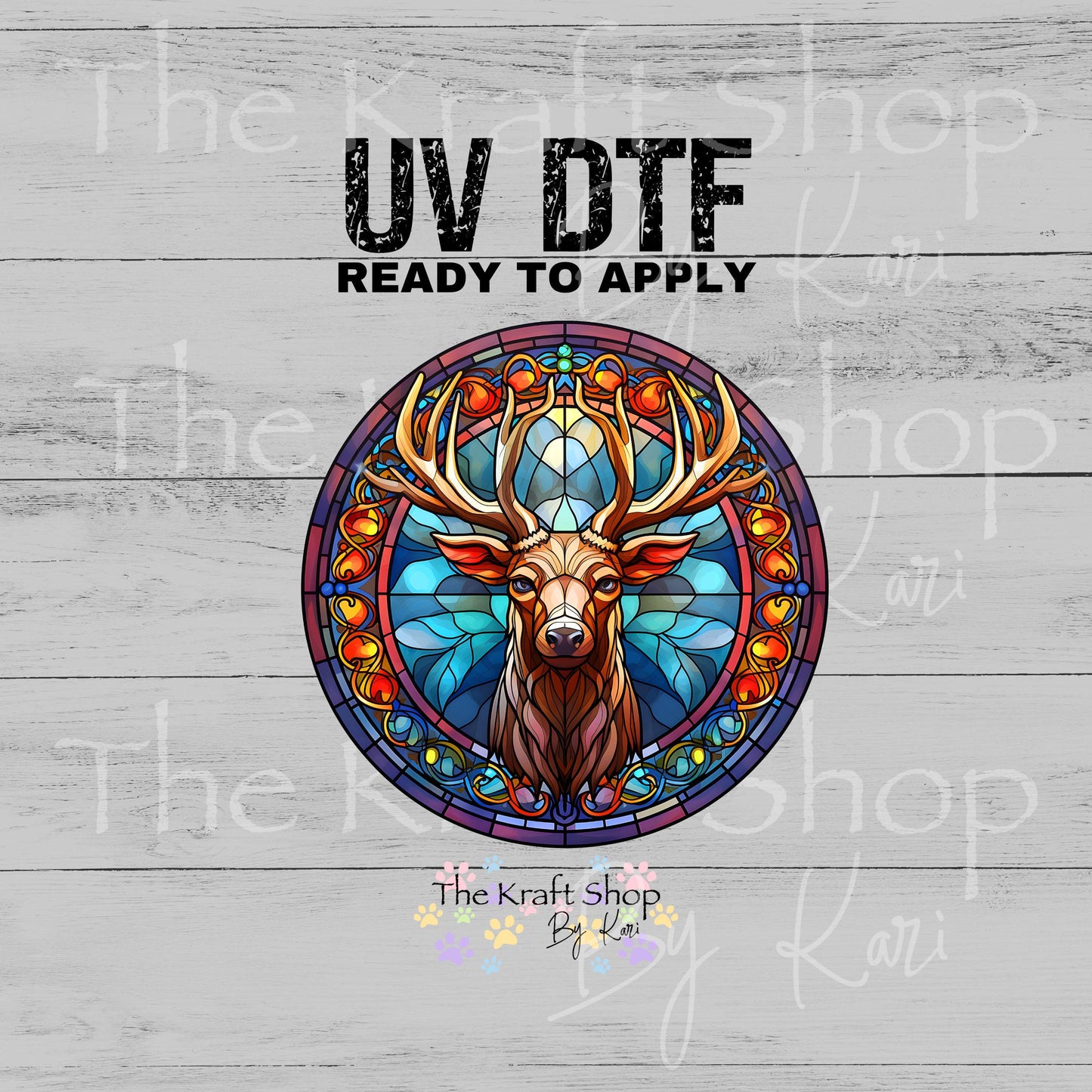 UV DTF Sticker print Stained glass deer circle decal, tumbler decal, permanent sticker. #1089