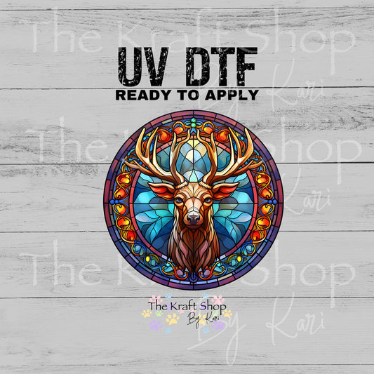 UV DTF Sticker print Stained glass deer circle decal, tumbler decal, permanent sticker. #1089