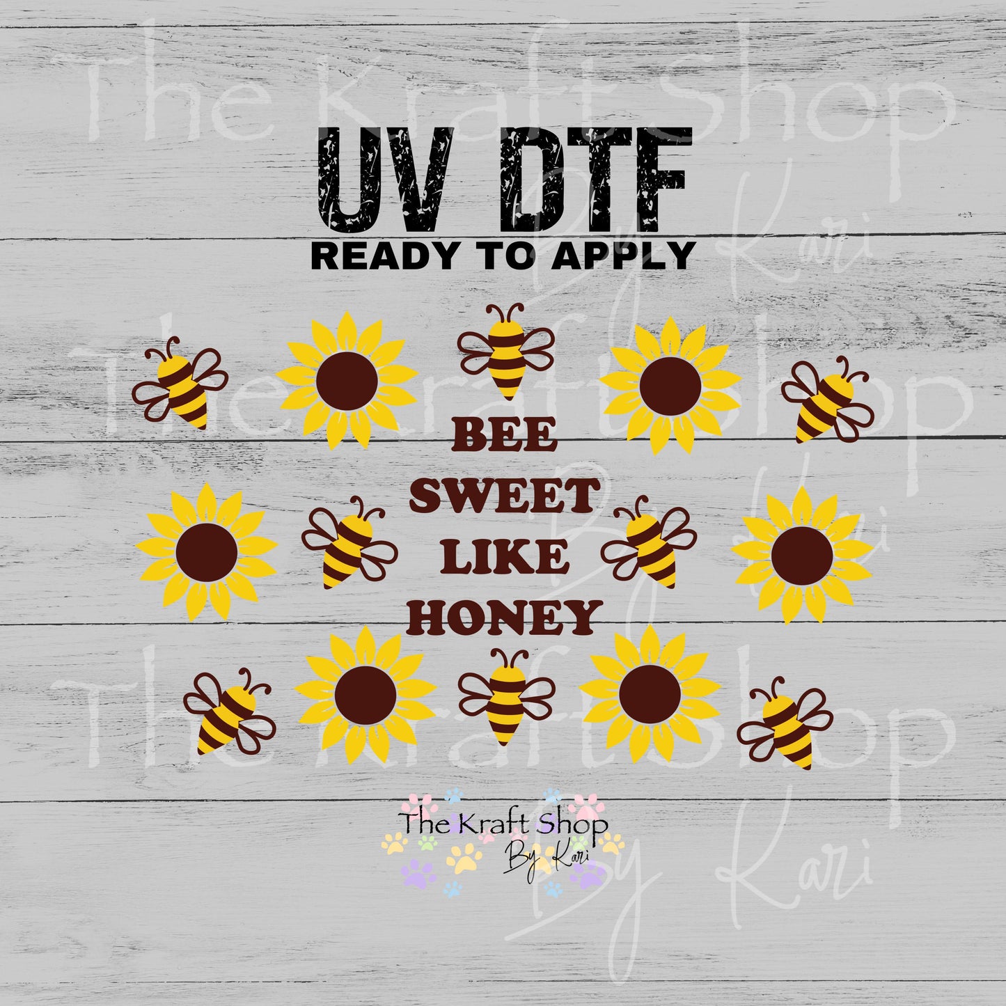UV DTF Sticker print. Bee sweet like honey sunflowers 24 oz tapered wrap or element sheet of decals for acrylic tumblers #5490