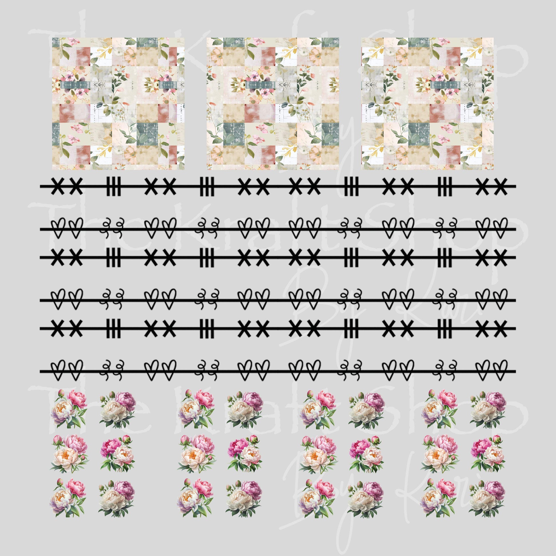 UV DTF Sticker print Patchwork Element Off white flowers mixed media Element sheet 9x9 decal #10396