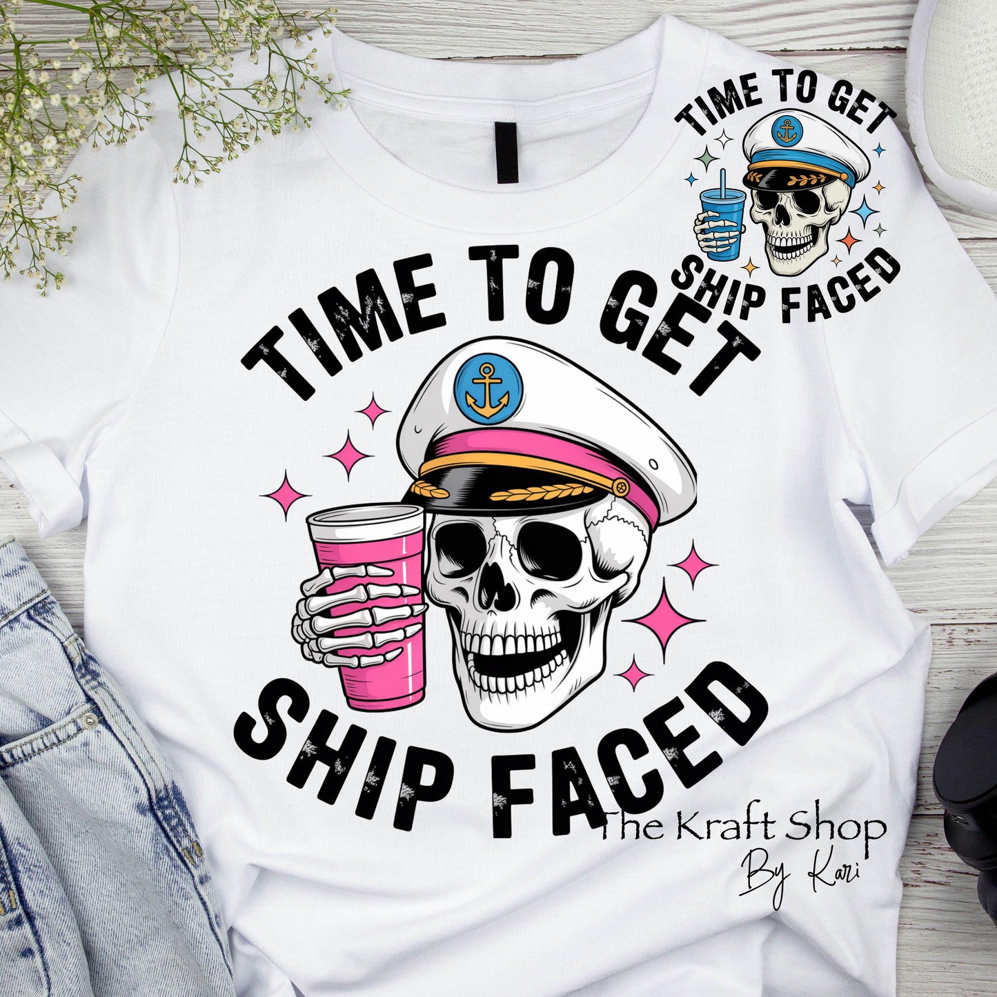 DTF ready to press transfer. Time to get ship faced skeleton cruise shirt transfer image . Direct to film heat press transfer #11600