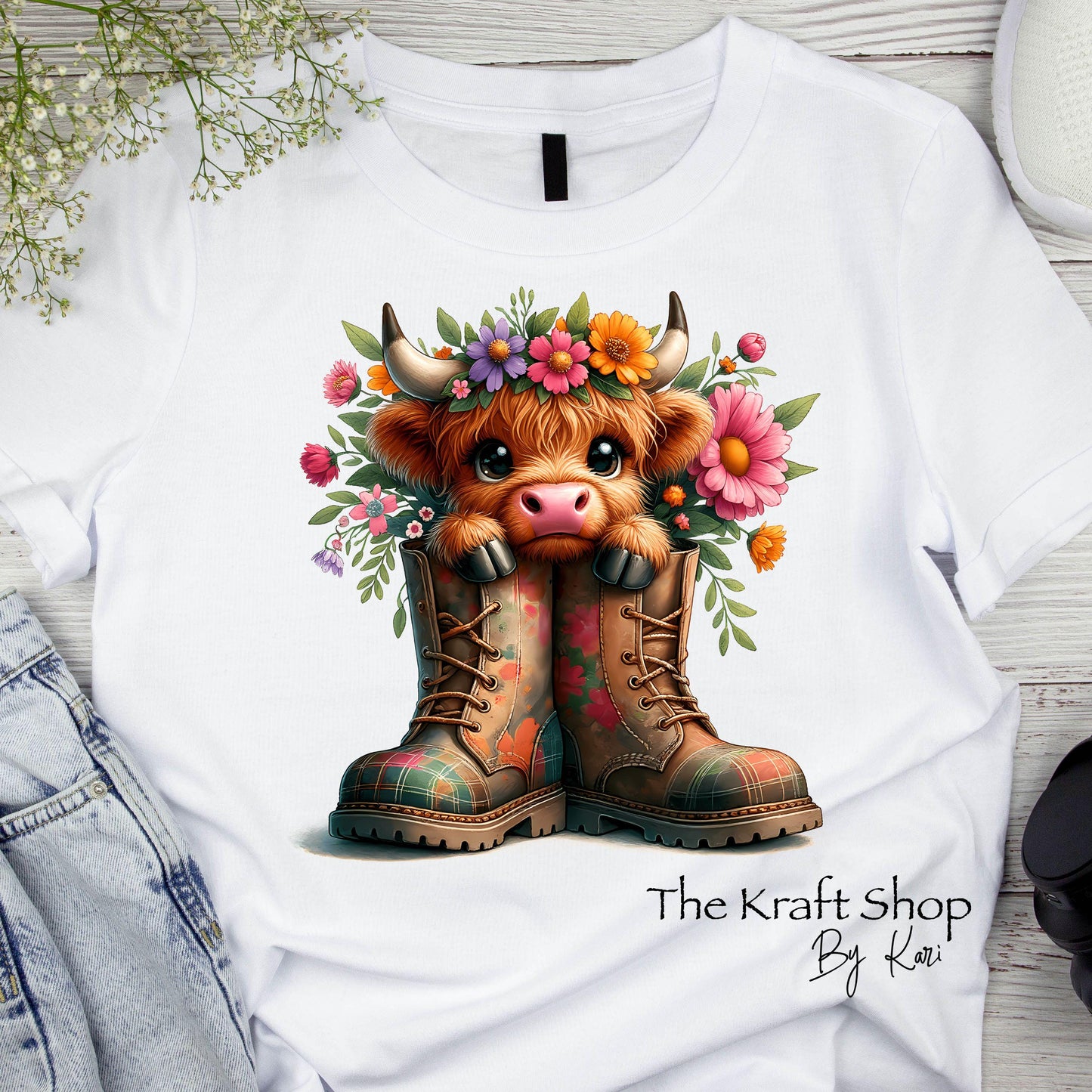 DTF ready to press transfer Floral Highland Cow in Boots shirt transfer, DTF Print #11603