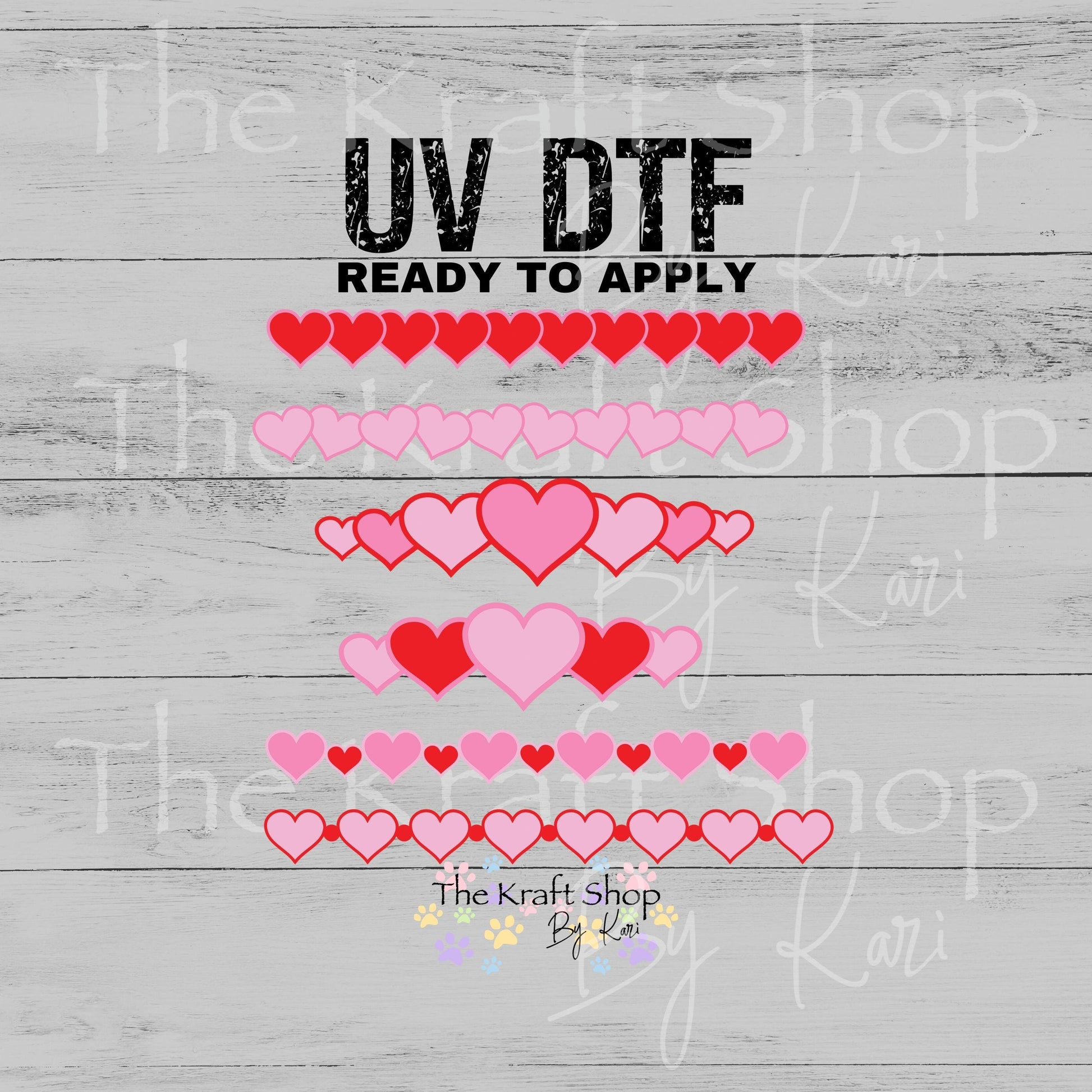 UV DTF Sticker print Filled hearts borders pink red mixed media bundle of Valentine's Day decals Element sheet 10 or 8 inches wide #7636