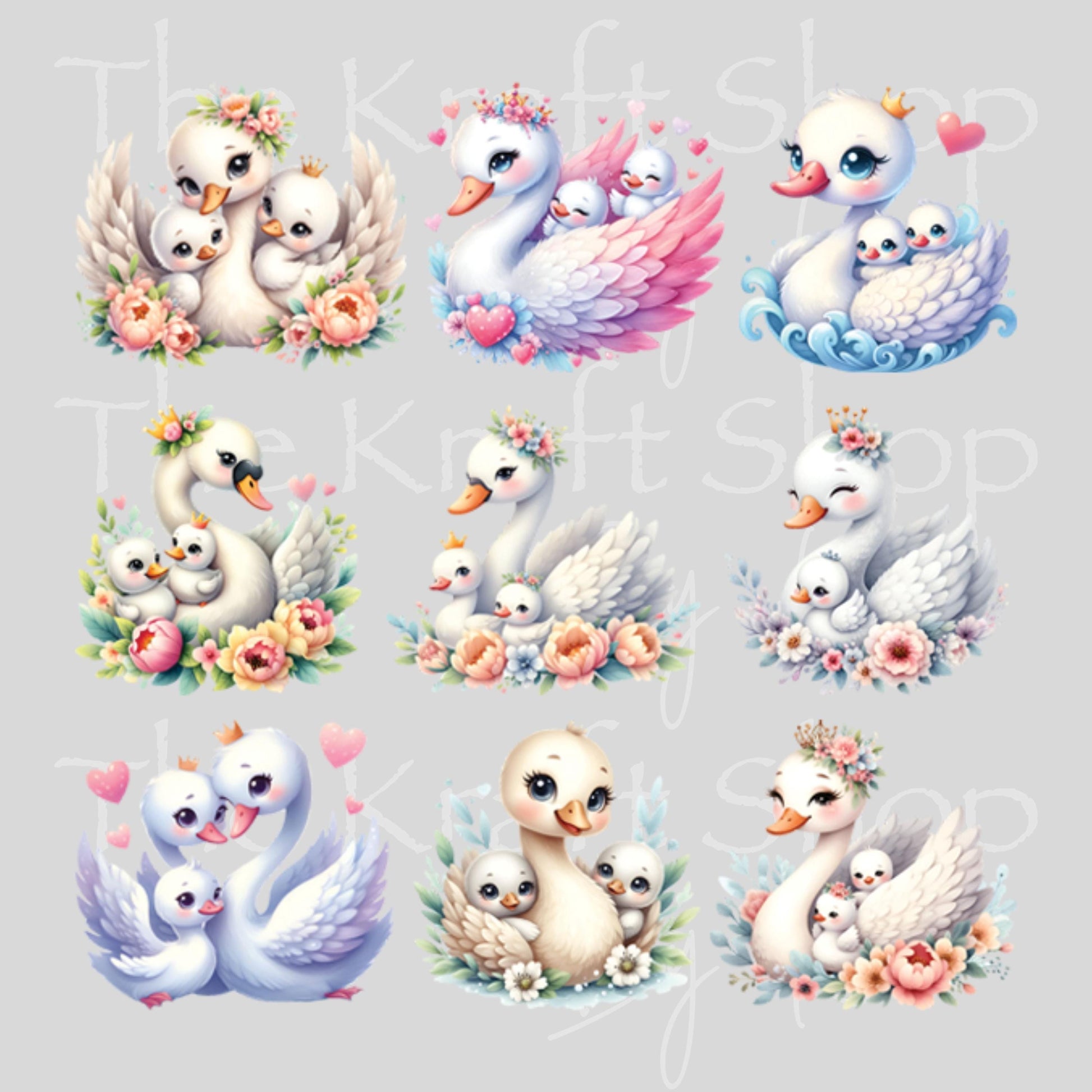 UV DTF Sticker print Swans Mother and babies mixed media Element sheet 8x8 decal #10383